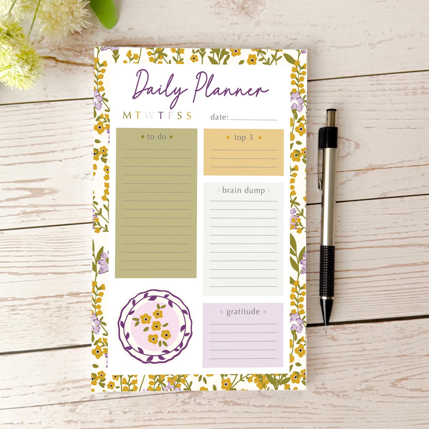 Daily Planner Tear-Off Notepads. Personalized Notepad. "Summer Flowers" || NPD