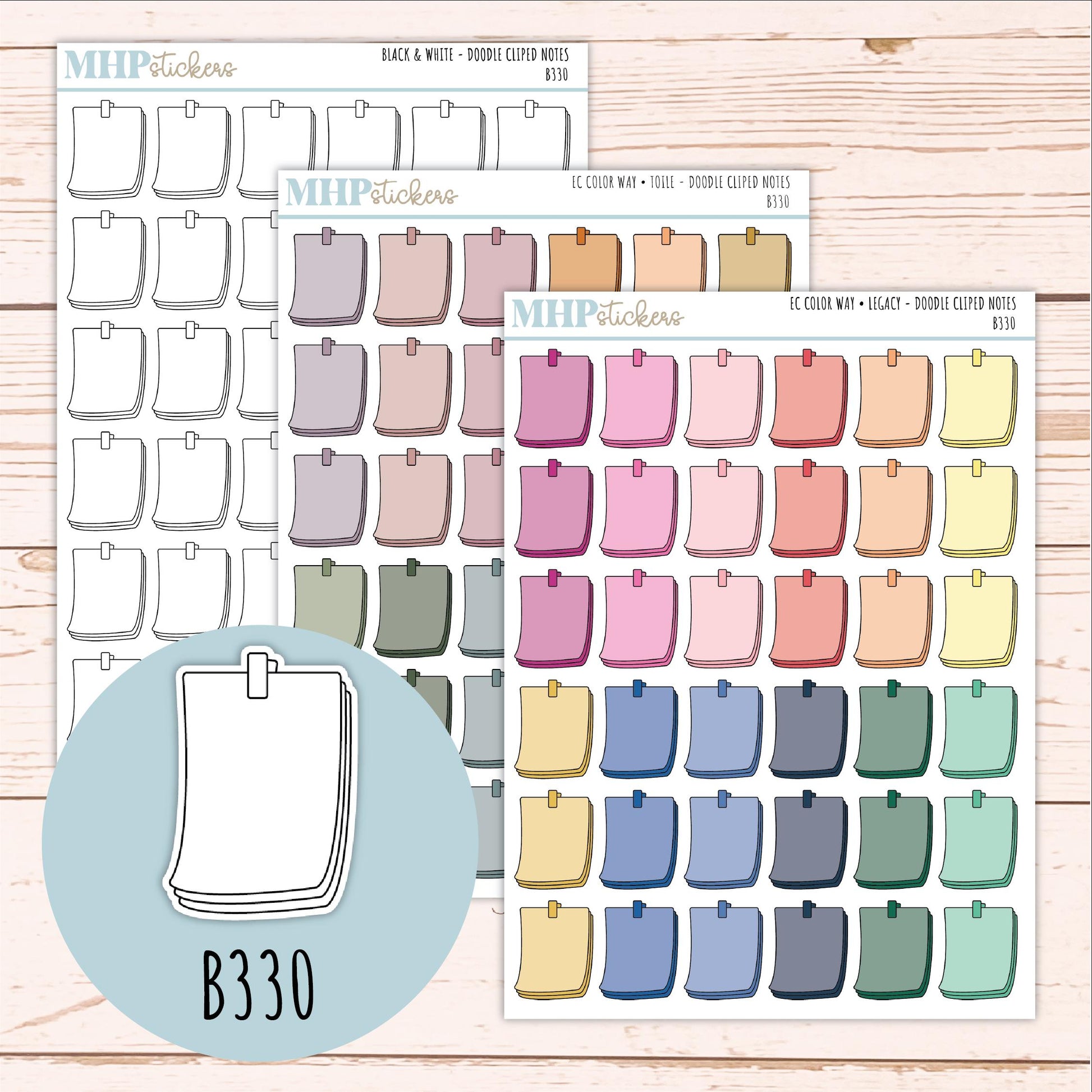 Clipped Notes Doodle Planner Stickers. EC Color Way || B330