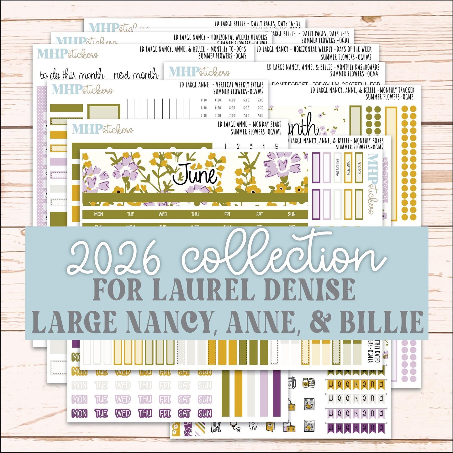 JUNE 2026 Stickers for Large Nancy, Anne, & Billie. Laurel Denise Planners. "Summer Flowers" || OG