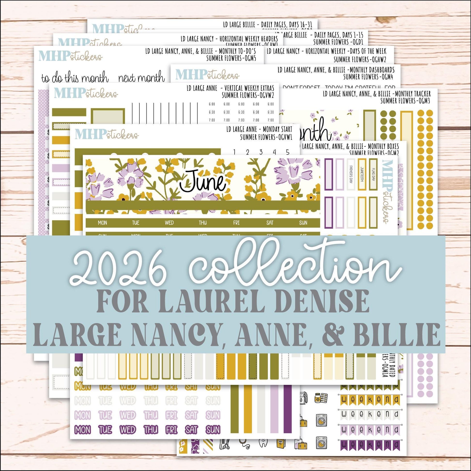 JUNE 2026 Stickers for Large Nancy, Anne, & Billie. Laurel Denise Planners. "Summer Flowers" || OG