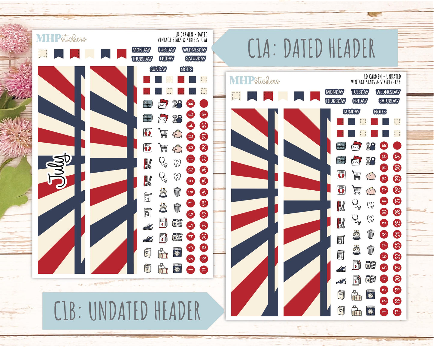 JULY 2026 Stickers for The Carmen Laurel Denise Planner "Vintage Stars & Stripes" || C