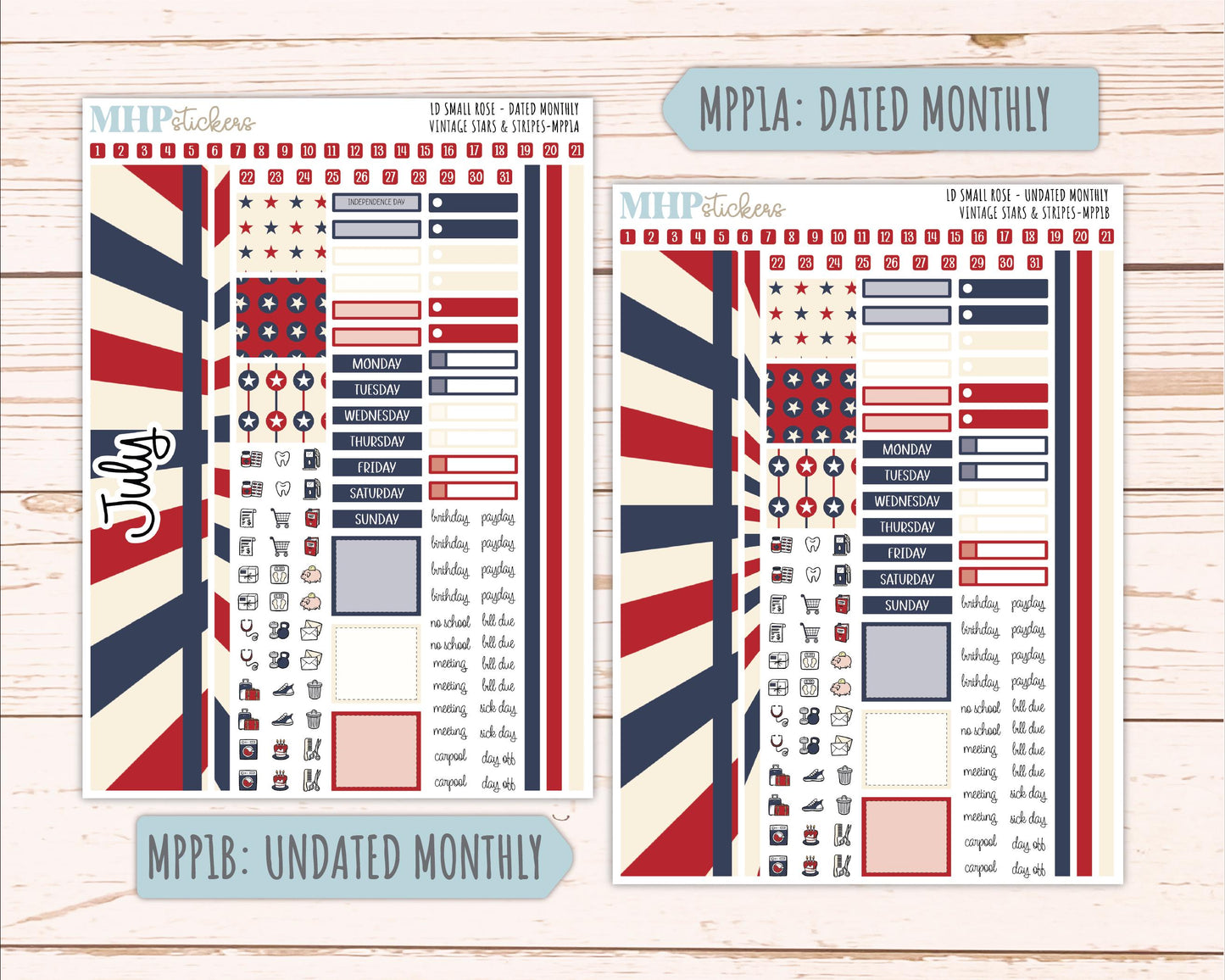 JULY 2026 Stickers for The Small Rose Laurel Denise Planner. "Vintage Stars & Stripes" || MPP