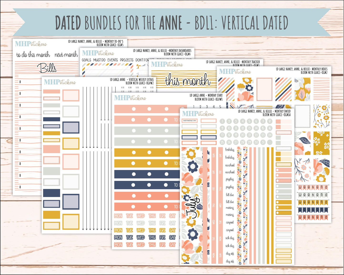 JULY 2026 Stickers for Large Nancy, Anne, & Billie Planners. Laurel Denise Planners. "Bloom with Grace" || OG