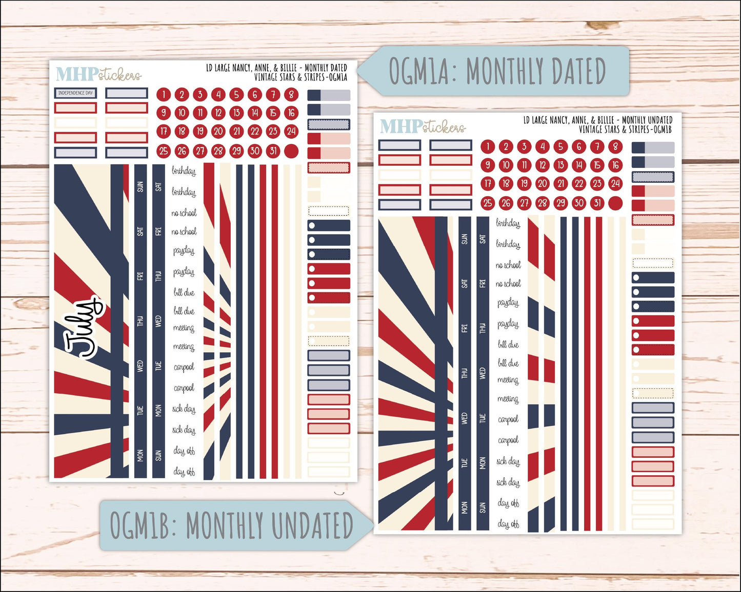 JULY 2026 Stickers for Large Nancy, Anne, & Billie Planners. Laurel Denise Planners. "Vintage Stars and Stripes" || OG