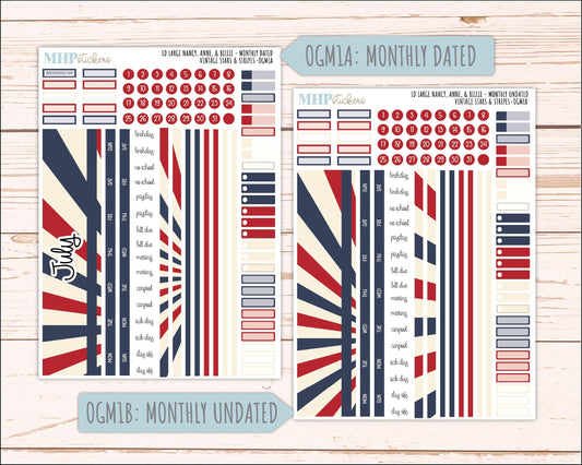 JULY 2026 Stickers for Large Nancy, Anne, & Billie Planners. Laurel Denise Planners. "Vintage Stars and Stripes" || OG