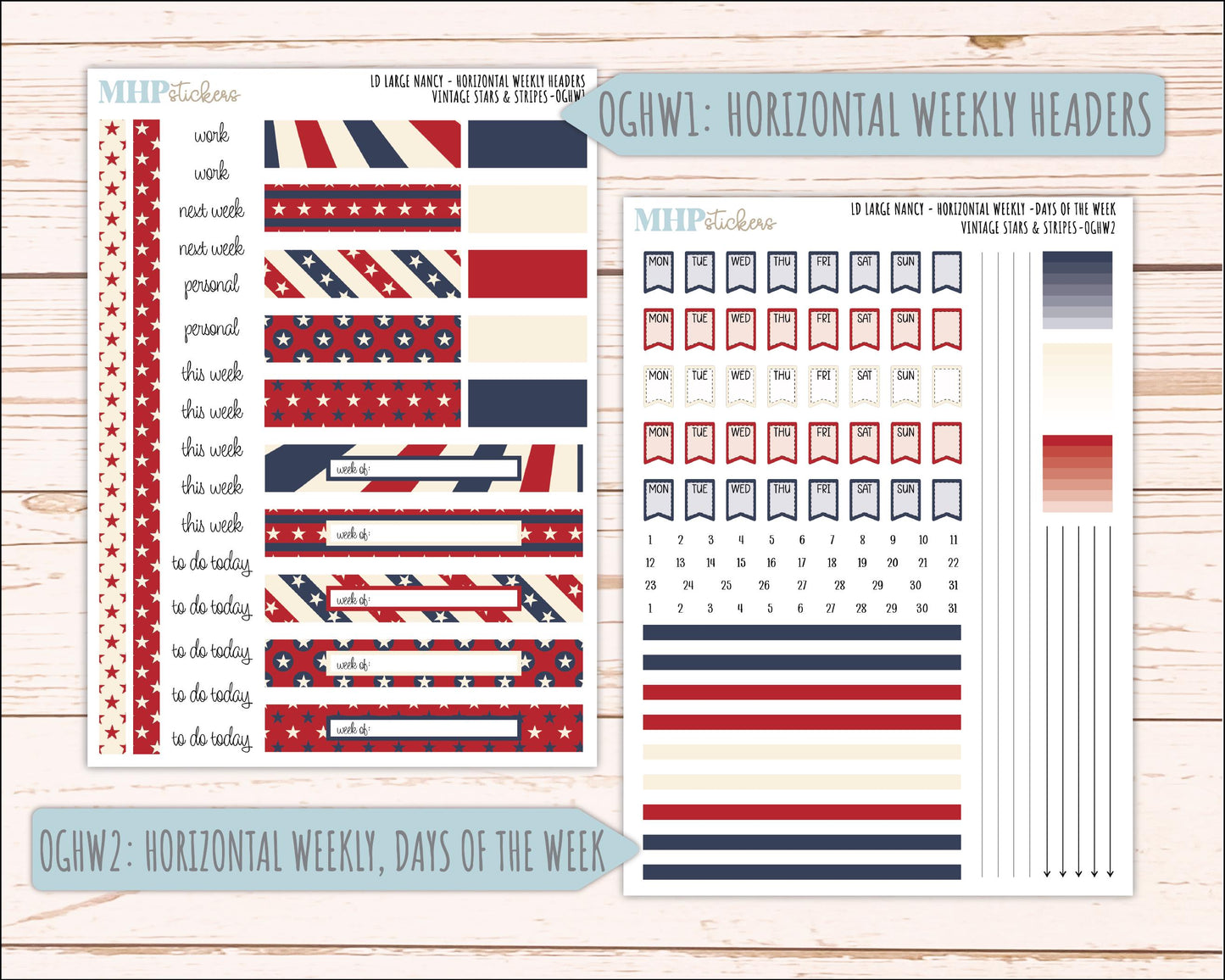 JULY 2026 Stickers for Large Nancy, Anne, & Billie Planners. Laurel Denise Planners. "Vintage Stars and Stripes" || OG