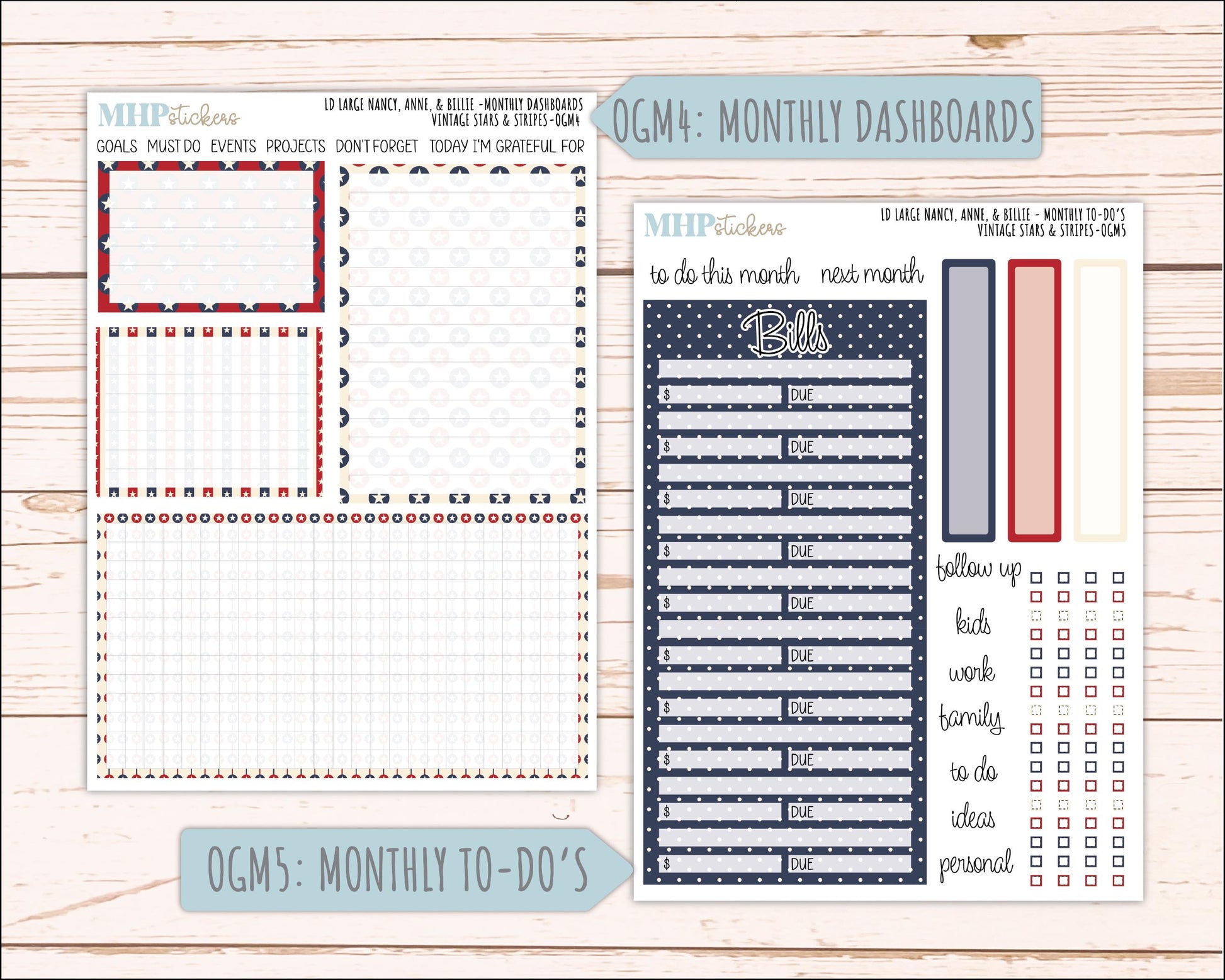 JULY 2026 Stickers for Large Nancy, Anne, & Billie Planners. Laurel Denise Planners. "Vintage Stars and Stripes" || OG