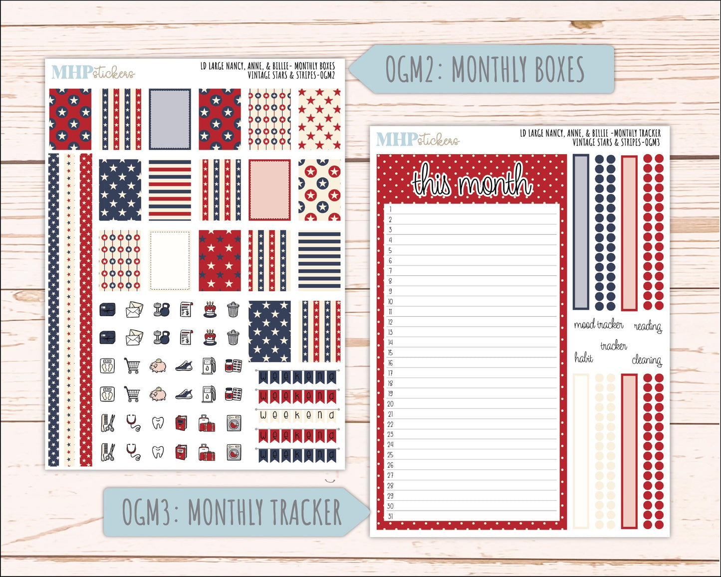 JULY 2026 Stickers for Large Nancy, Anne, & Billie Planners. Laurel Denise Planners. "Vintage Stars and Stripes" || OG