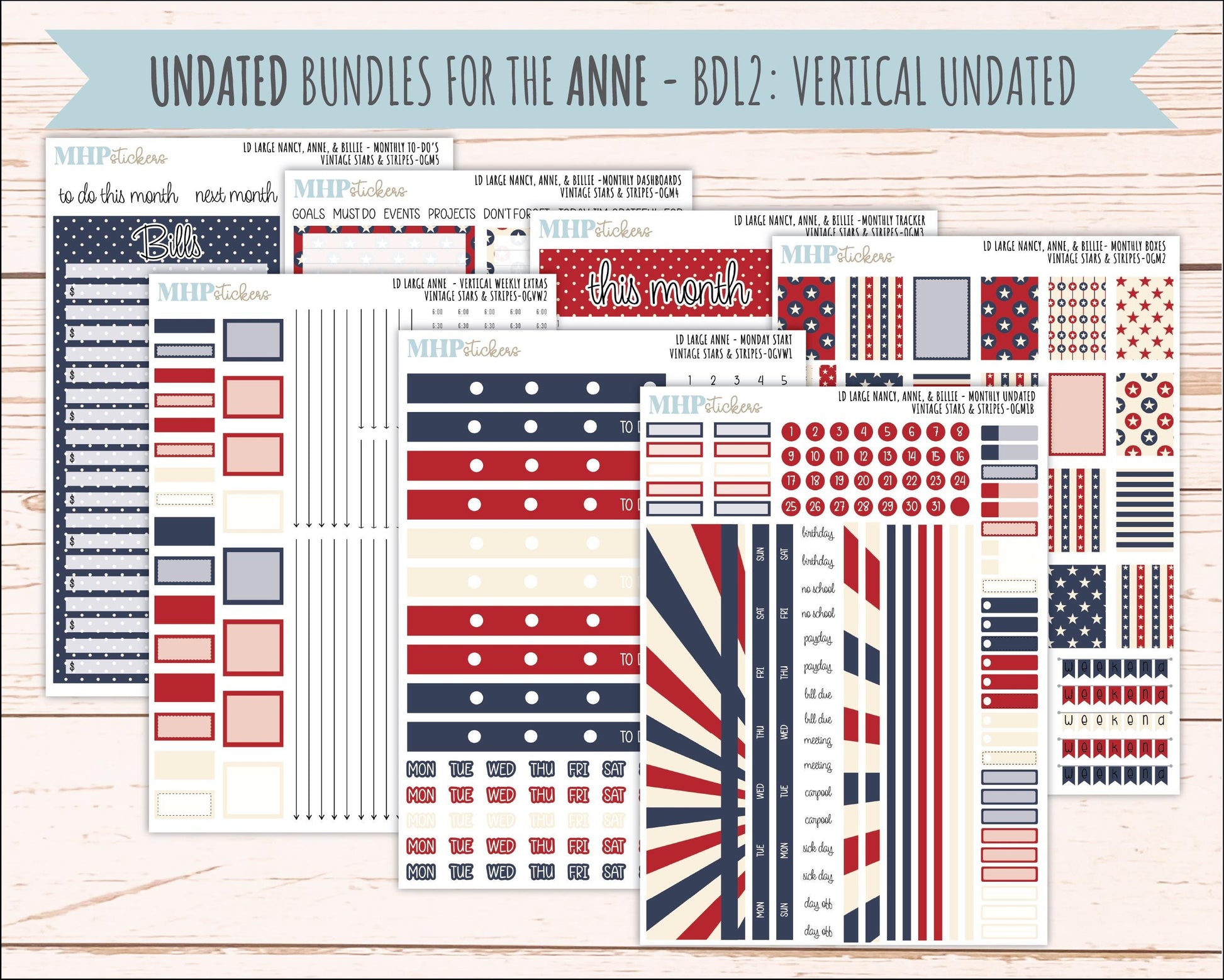 JULY 2026 Stickers for Large Nancy, Anne, & Billie Planners. Laurel Denise Planners. "Vintage Stars and Stripes" || OG