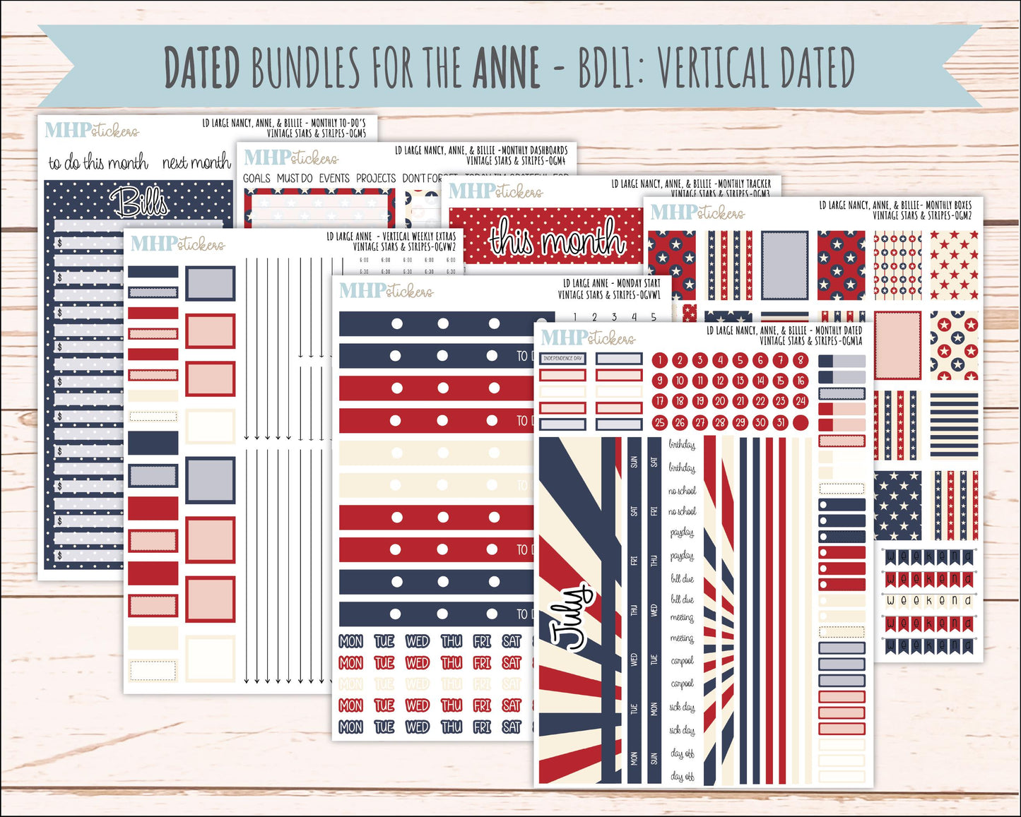 JULY 2026 Stickers for Large Nancy, Anne, & Billie Planners. Laurel Denise Planners. "Vintage Stars and Stripes" || OG