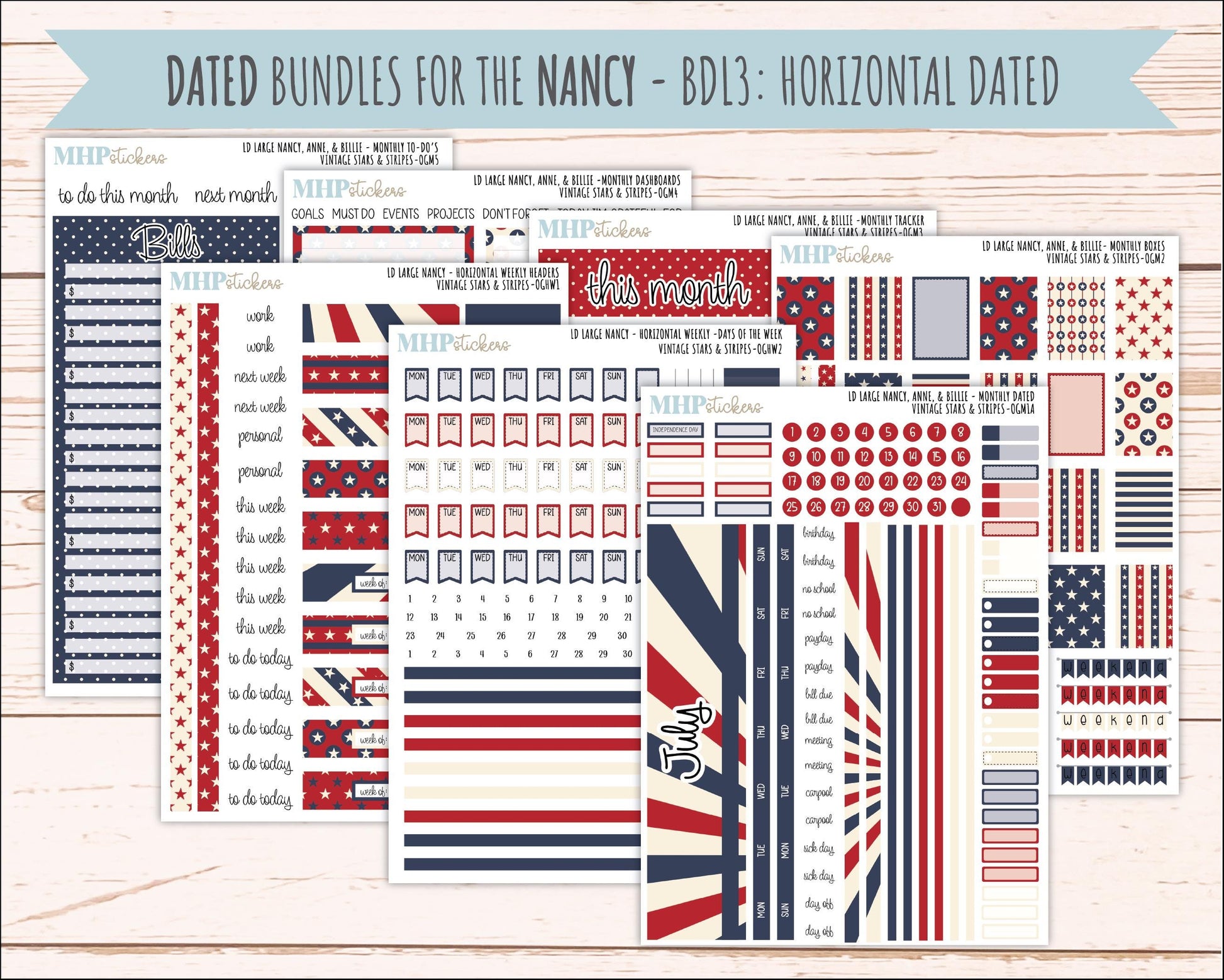JULY 2026 Stickers for Large Nancy, Anne, & Billie Planners. Laurel Denise Planners. "Vintage Stars and Stripes" || OG