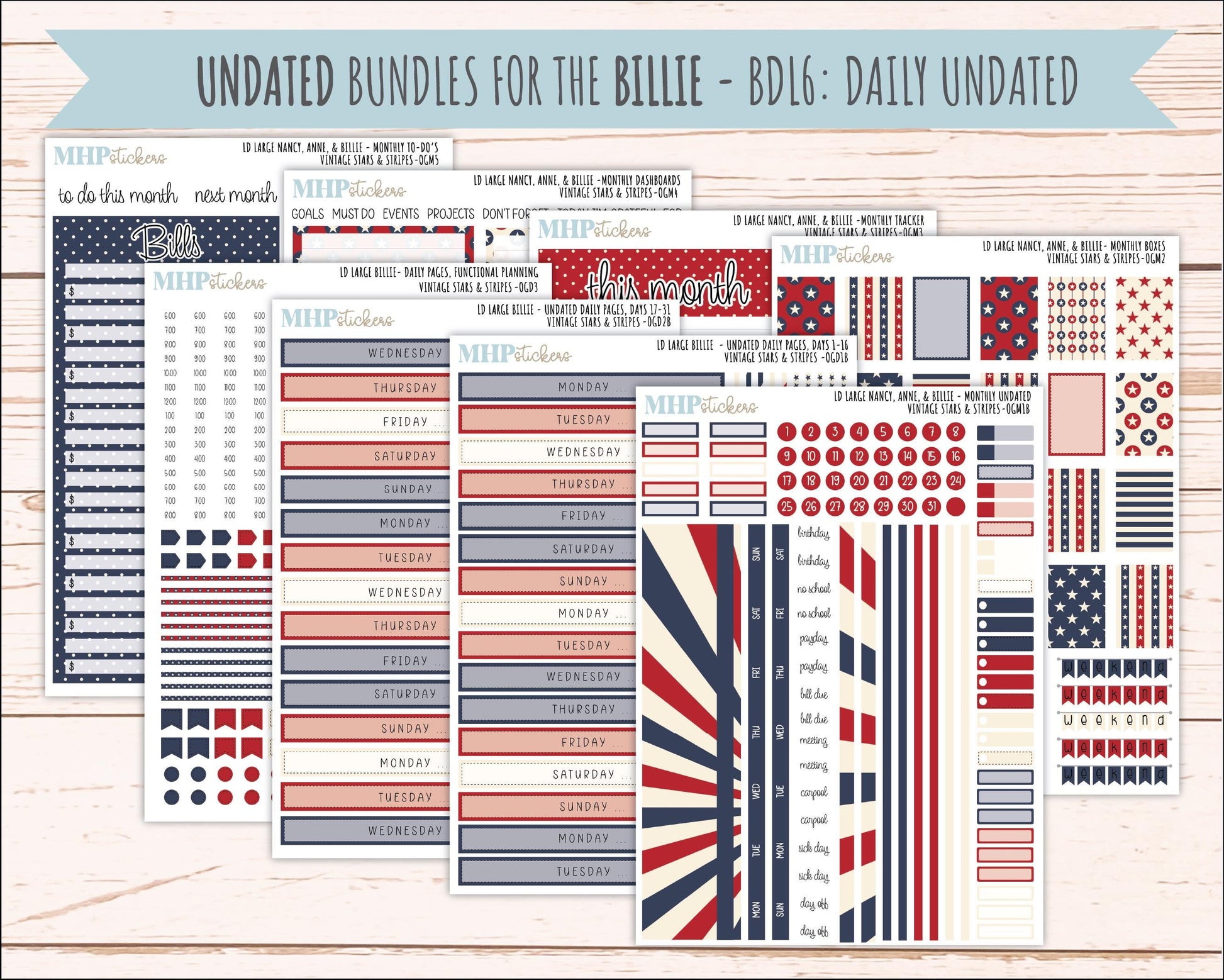 JULY 2026 Stickers for Large Nancy, Anne, & Billie Planners. Laurel Denise Planners. "Vintage Stars and Stripes" || OG
