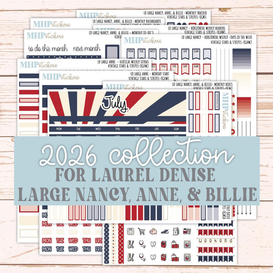 JULY 2026 Stickers for Large Nancy, Anne, & Billie Planners. Laurel Denise Planners. "Vintage Stars and Stripes" || OG