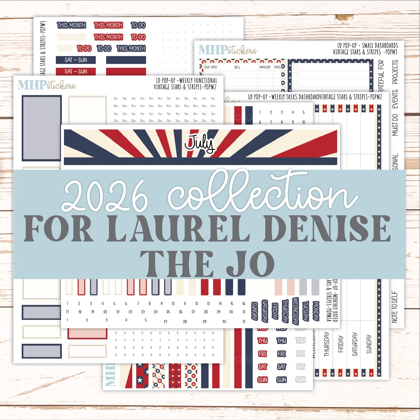 JULY 2026 Stickers for The Jo, Laurel Denise Planner "Vintage Stars & Stripes" || POP