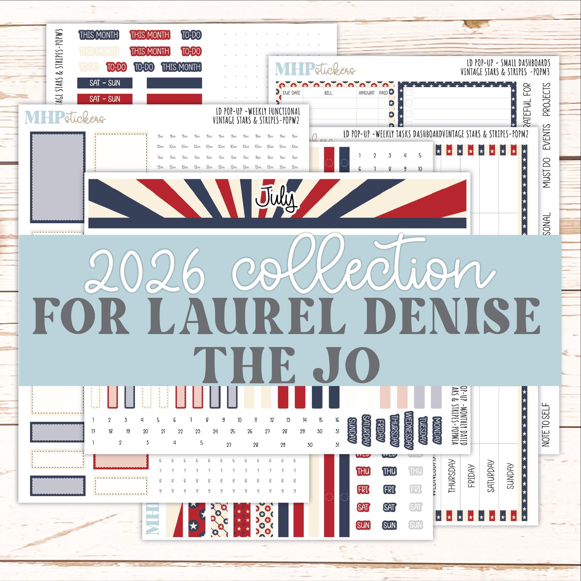 JULY 2026 Stickers for The Jo, Laurel Denise Planner "Vintage Stars & Stripes" || POP