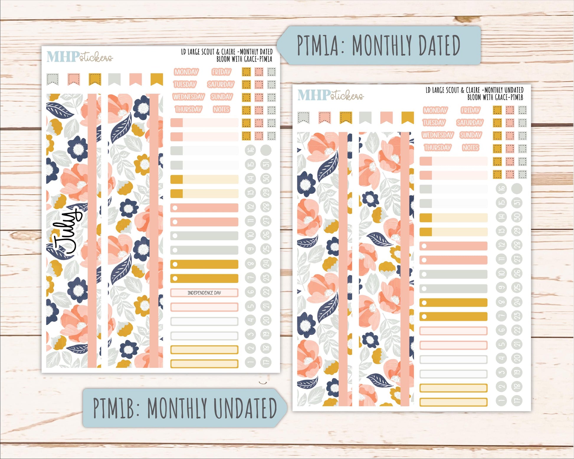 JULY 2026 Stickers for the Large Scout, Large Claire and Large Luna Laurel Denise Planners "Bloom with Grace" || PT