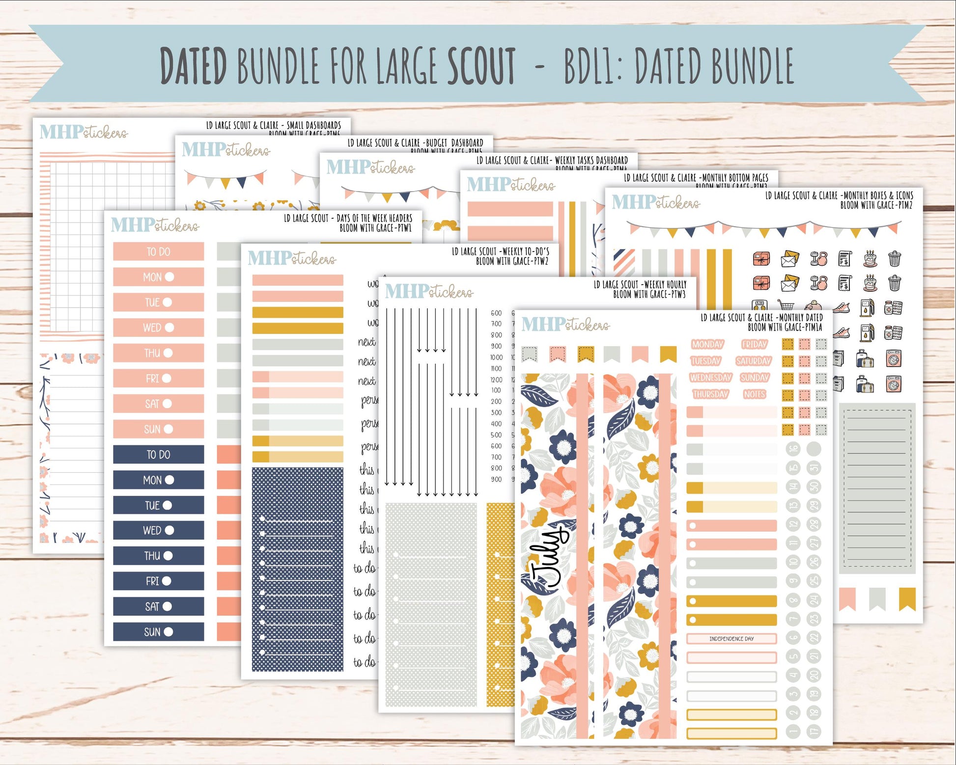 JULY 2026 Stickers for the Large Scout, Large Claire and Large Luna Laurel Denise Planners "Bloom with Grace" || PT