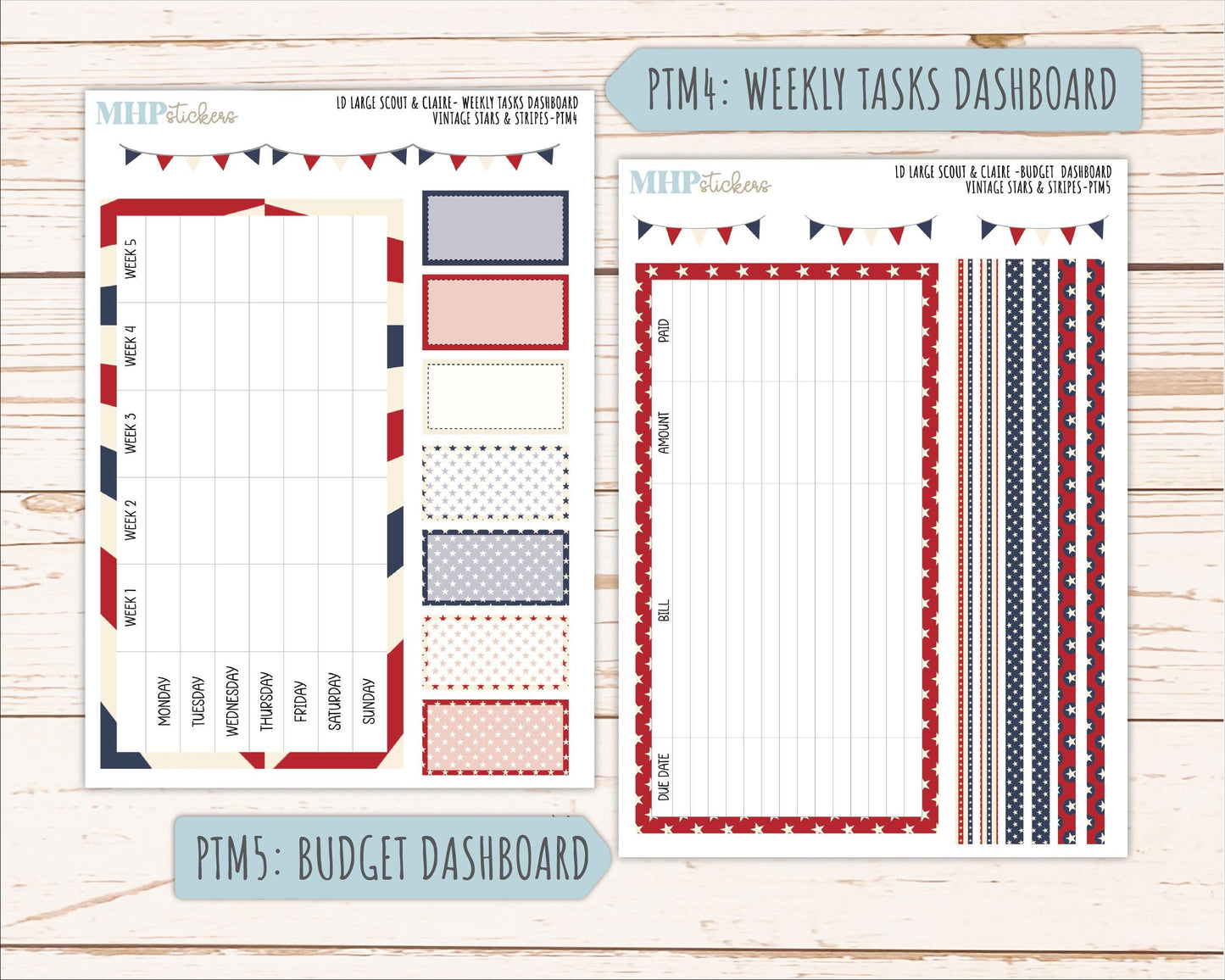 JULY 2026 Stickers for the Large Scout & Large Claire Laurel Denise Planners "Vintage Stars and Stripes" || PT