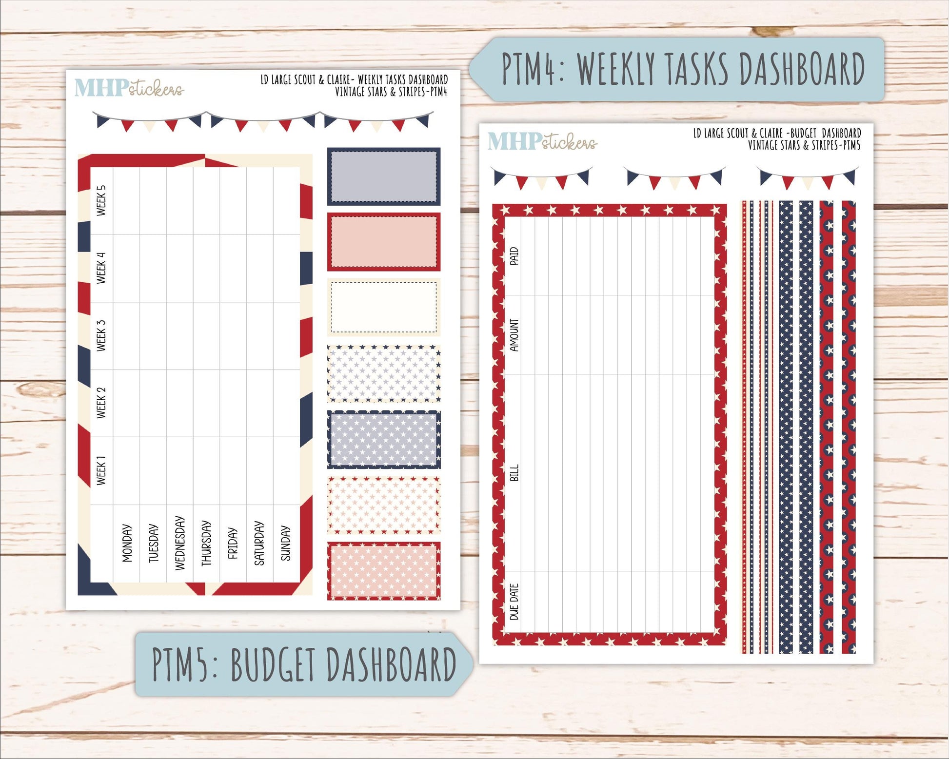 JULY 2026 Stickers for the Large Scout & Large Claire Laurel Denise Planners "Vintage Stars and Stripes" || PT