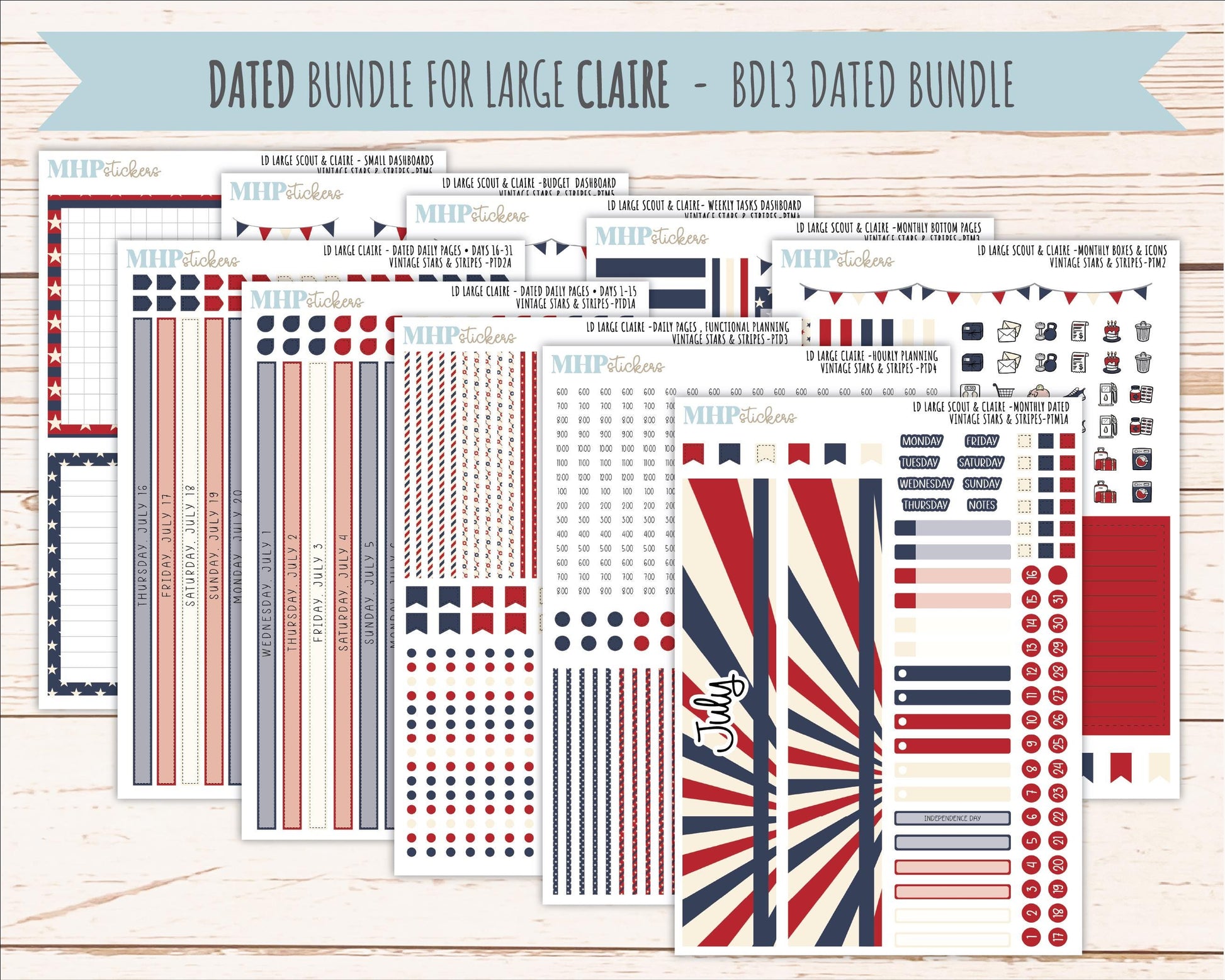 JULY 2026 Stickers for the Large Scout & Large Claire Laurel Denise Planners "Vintage Stars and Stripes" || PT