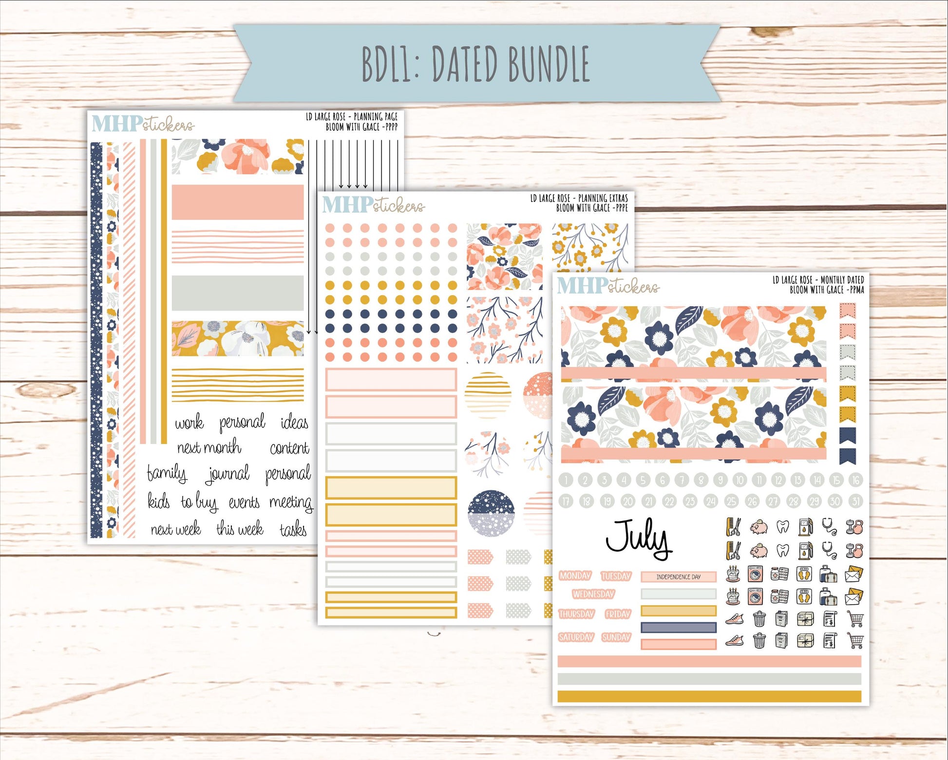 JULY 2026 Stickers for the Large Rose Laurel Denise Planner. "Bloom with Grace" || PP