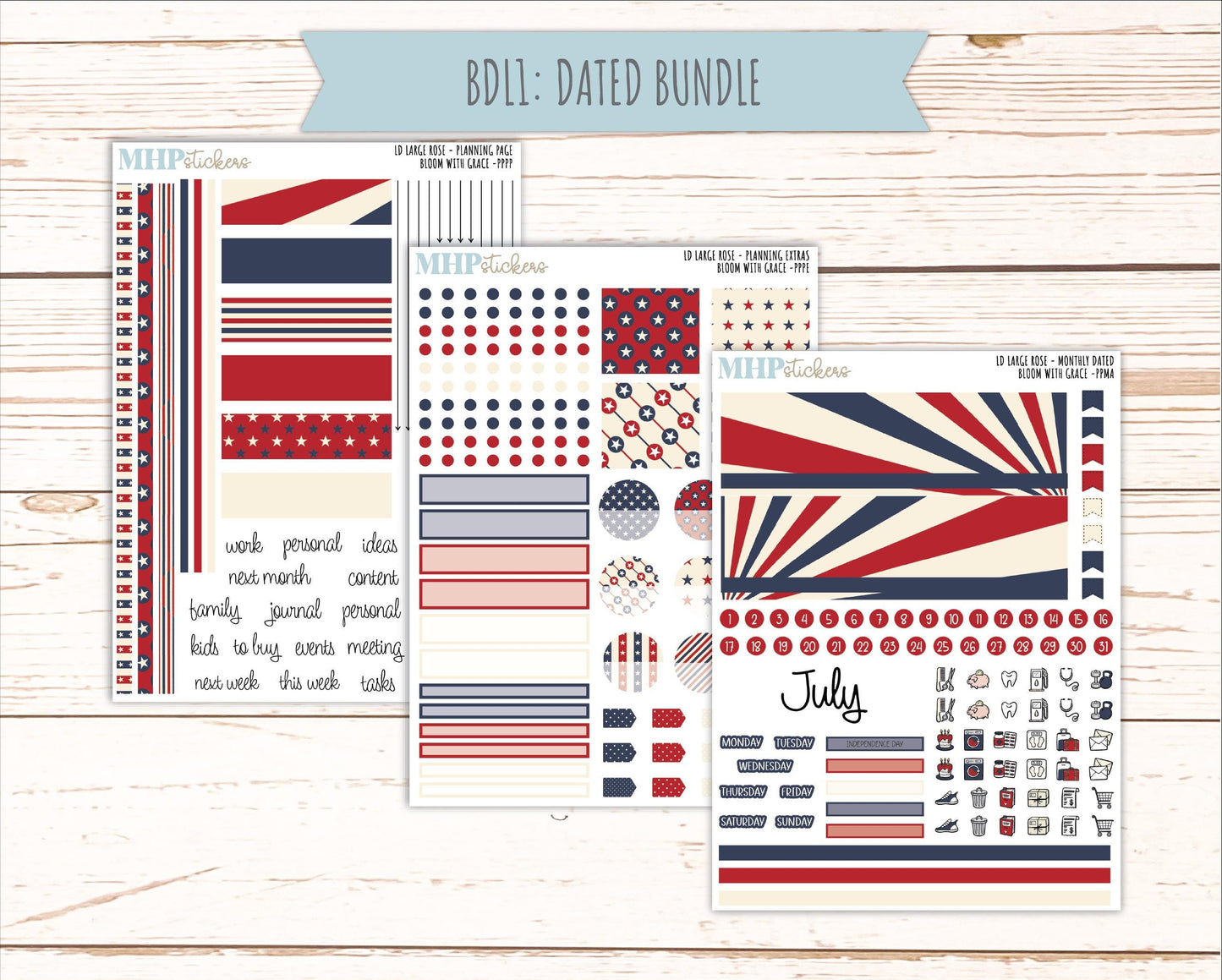 JULY 2026 Stickers for the Large Rose Laurel Denise Planner. "Vintage Stars & Stripes" || PP