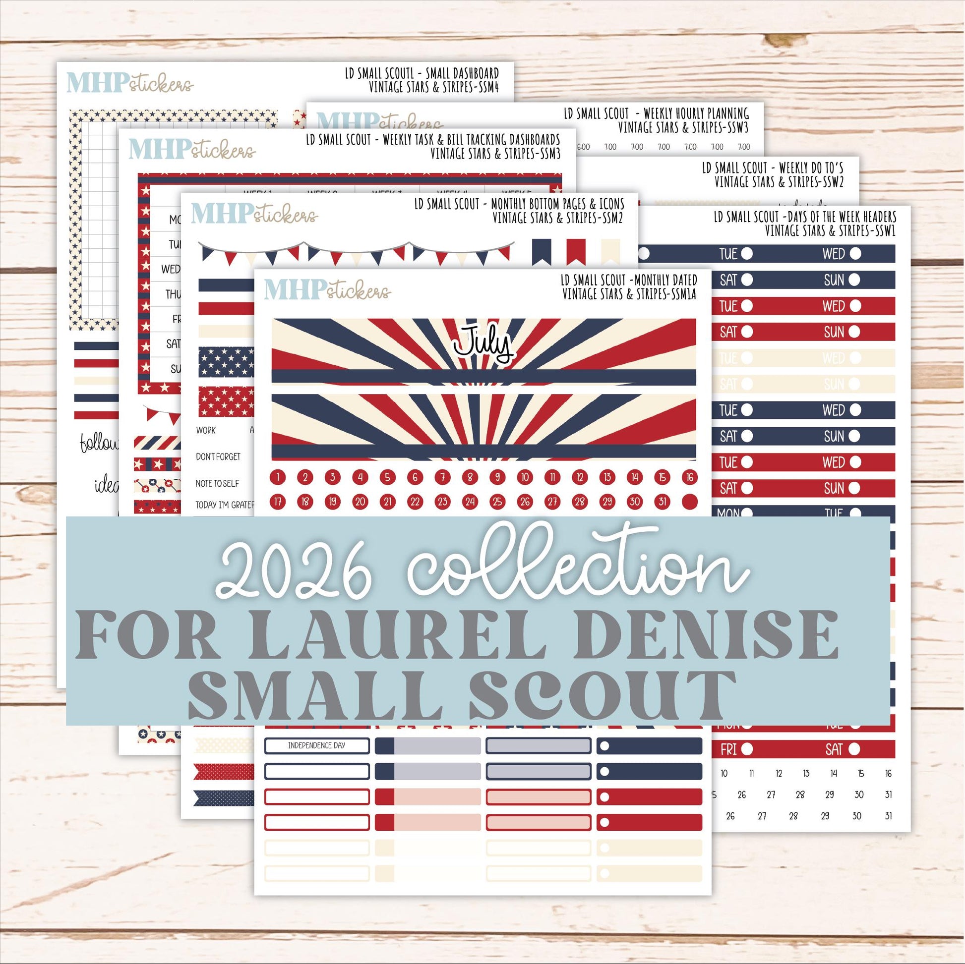 JULY 2026 Stickers for the Small Scout Planner. For Laurel Denise Planners. "Vintage Stars & Stripes" ||SS