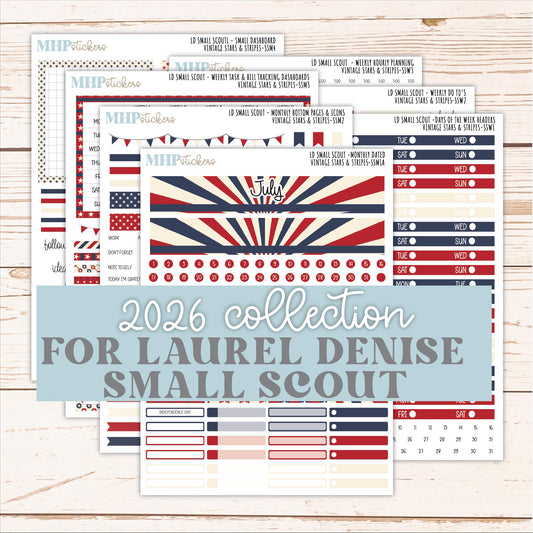 JULY 2026 Stickers for the Small Scout Planner. For Laurel Denise Planners. "Vintage Stars & Stripes" ||SS