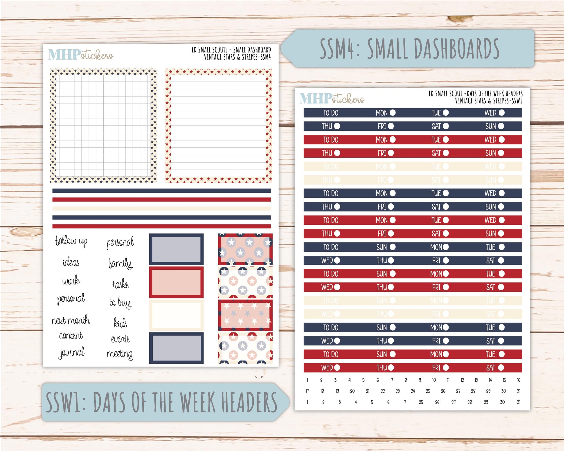 JULY 2026 Stickers for the Small Scout Planner. For Laurel Denise Planners. "Vintage Stars & Stripes" ||SS