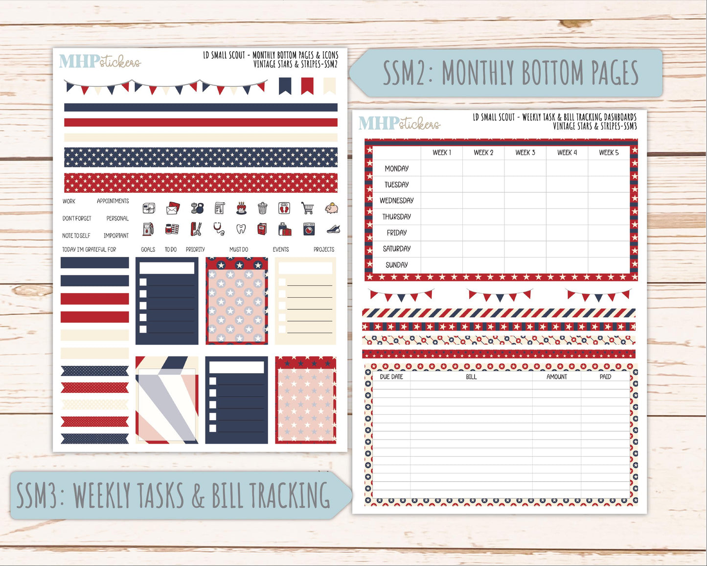 JULY 2026 Stickers for the Small Scout Planner. For Laurel Denise Planners. "Vintage Stars & Stripes" ||SS