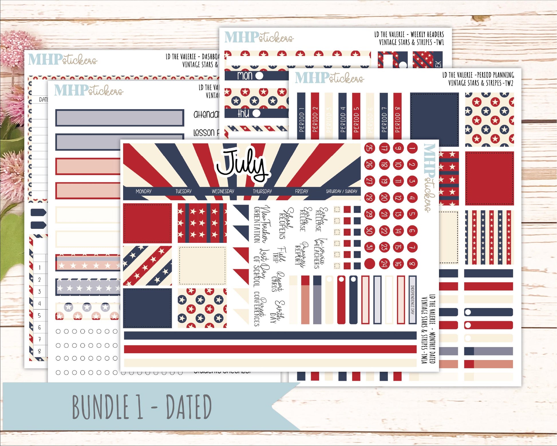 JULY Stickers for The Valerie Laurel Denise Planner "Vintage Stars & Stripes" || TC