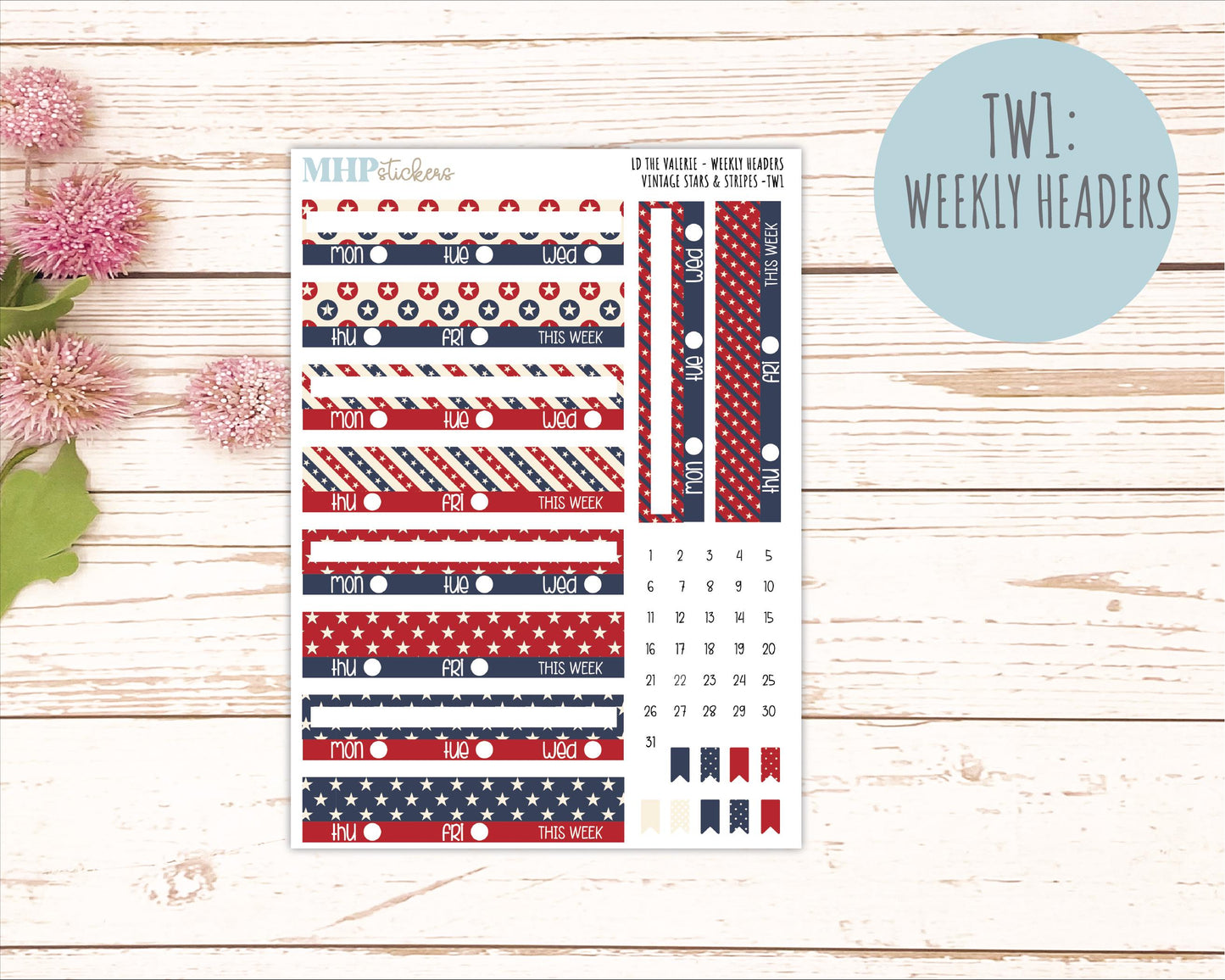 JULY Stickers for The Valerie Laurel Denise Planner "Vintage Stars & Stripes" || TC
