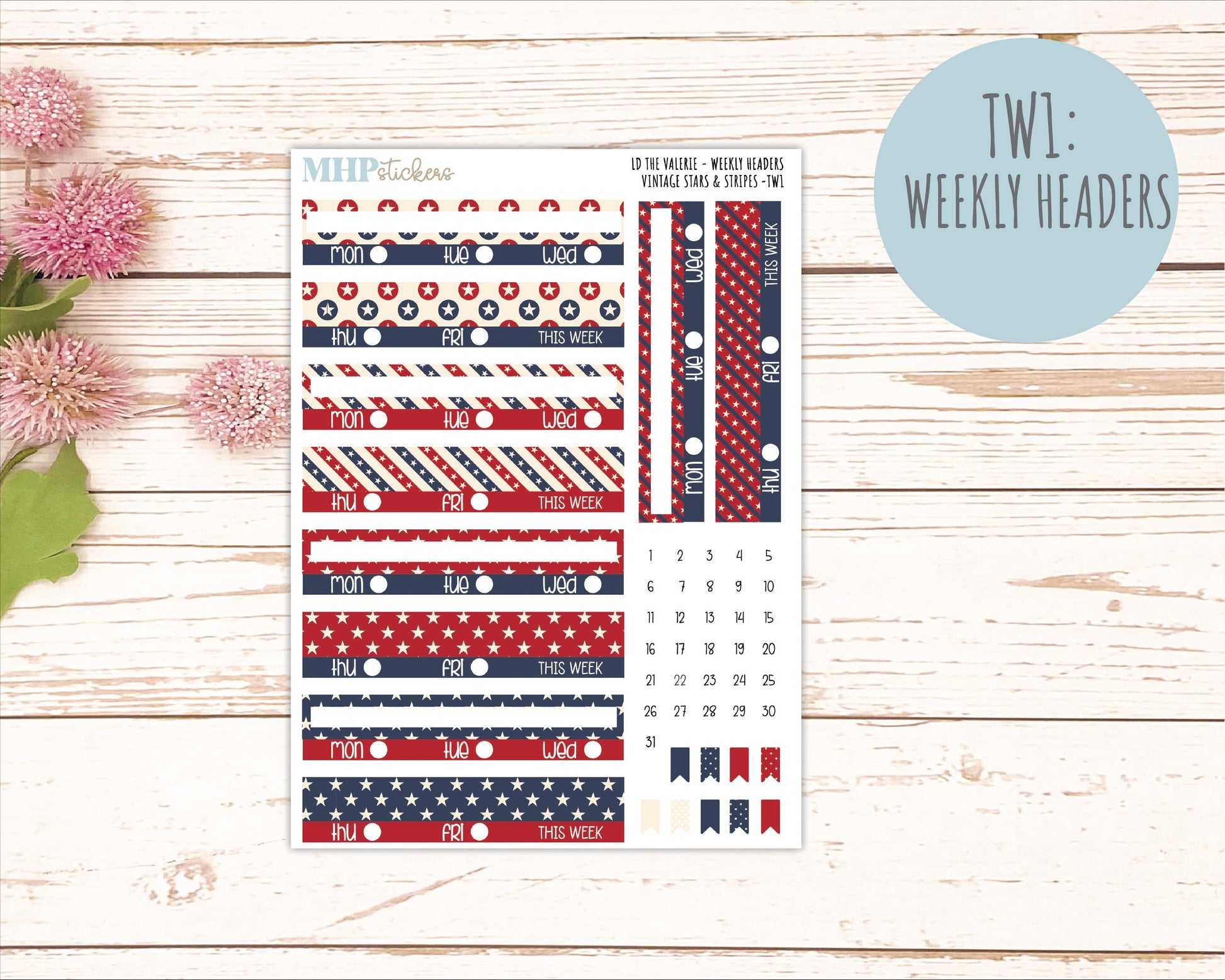 JULY Stickers for The Valerie Laurel Denise Planner "Vintage Stars & Stripes" || TC