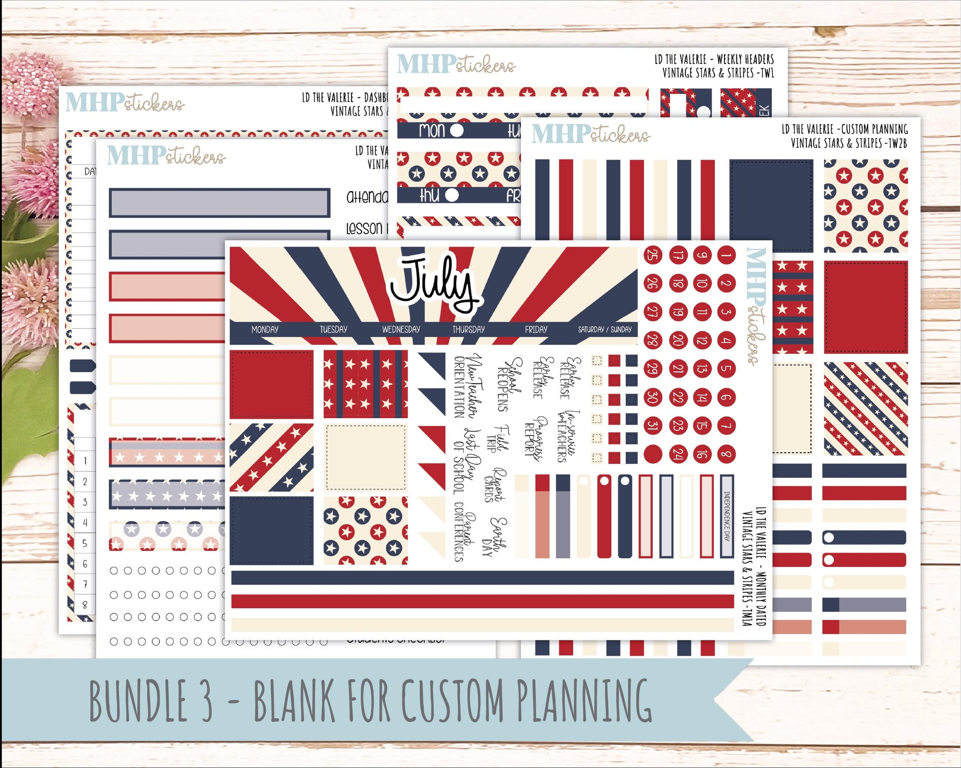 JULY Stickers for The Valerie Laurel Denise Planner "Vintage Stars & Stripes" || TC