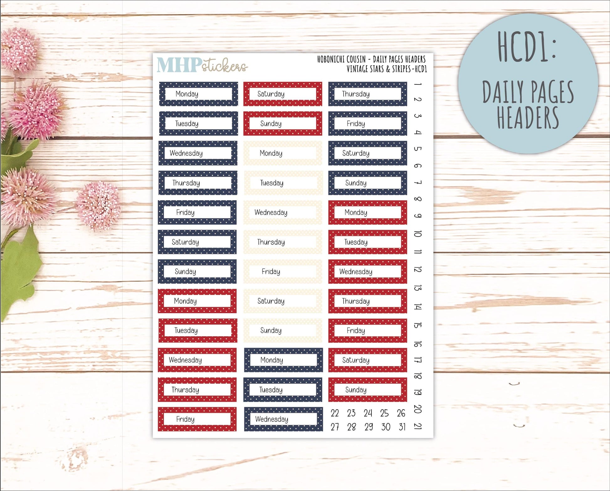 JULY 2026 Stickers for Hobonichi Cousin. A5 Planners "Vintage Stars & Stripes" || HC