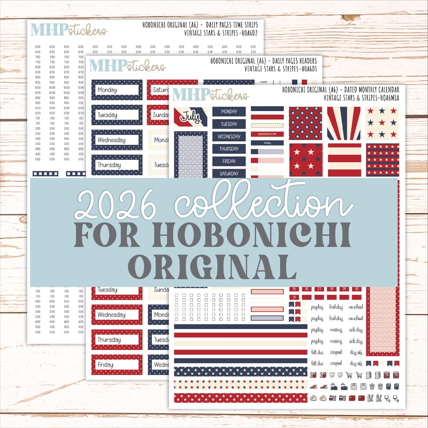 JULY 2026 Stickers for Hobonichi Techo Original. A6 Planners "Vintage Stars & Stripes" || HO