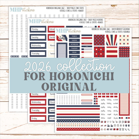 JULY 2026 Stickers for Hobonichi Techo Original. A6 Planners "Vintage Stars & Stripes" || HO