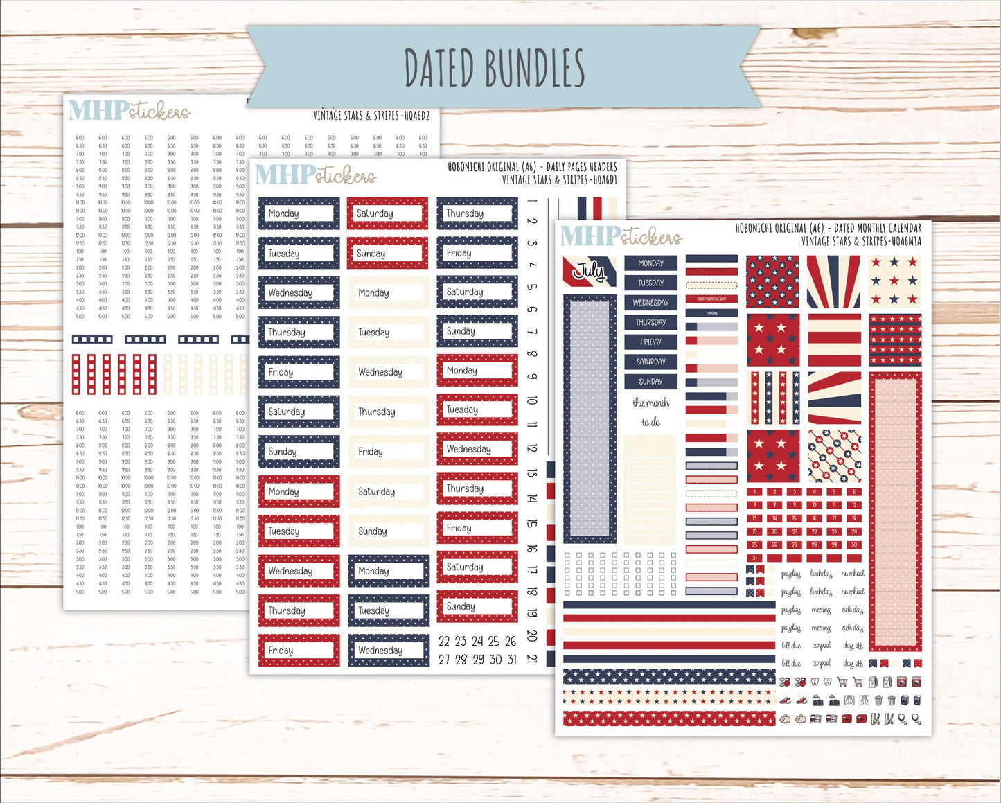 JULY 2026 Stickers for Hobonichi Techo Original. A6 Planners "Vintage Stars & Stripes" || HO