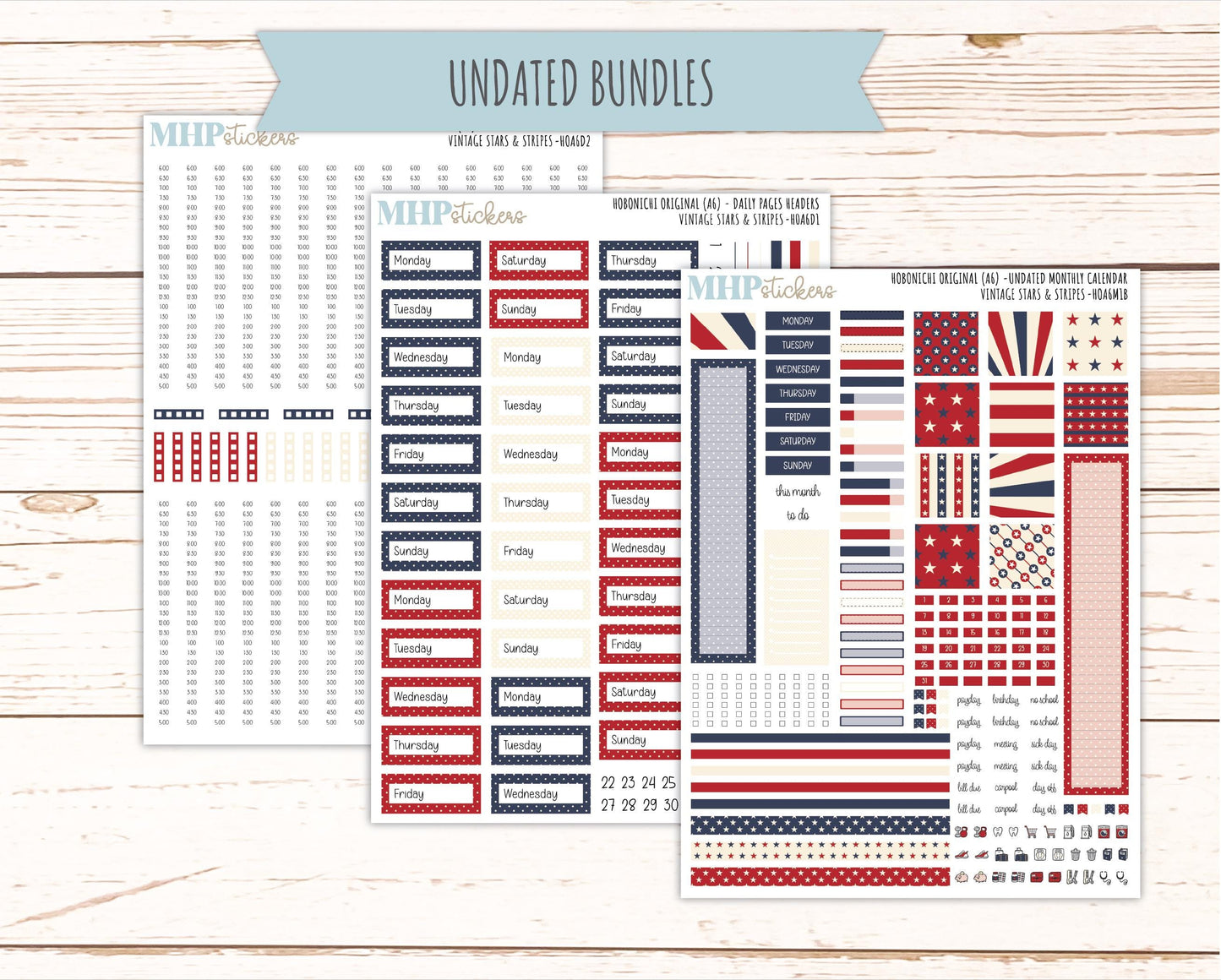 JULY 2026 Stickers for Hobonichi Techo Original. A6 Planners "Vintage Stars & Stripes" || HO