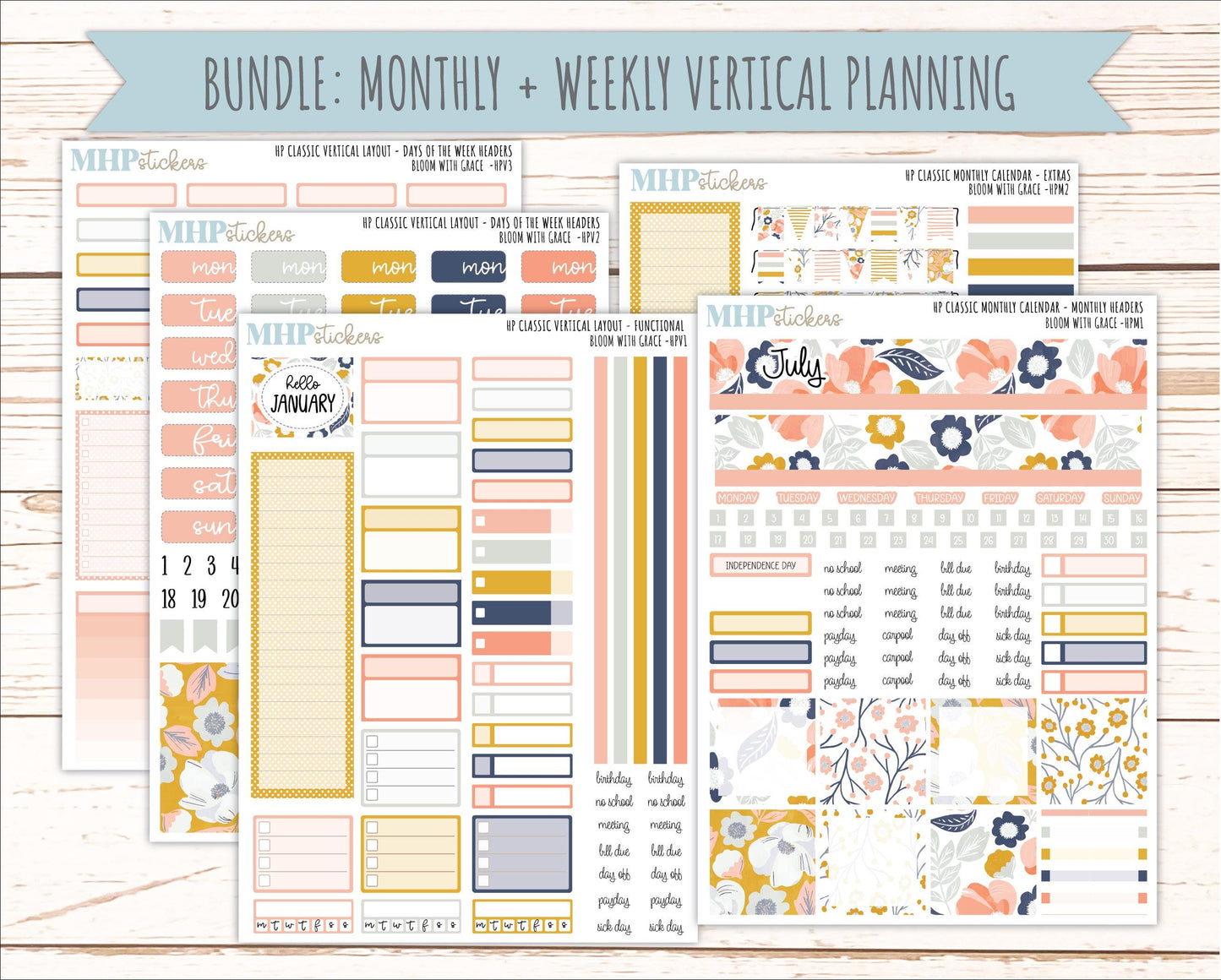 JULY Stickers for Happy Planner Classic Vertical Layout. 2026 Collection. "Bloom with Grace" || HPV