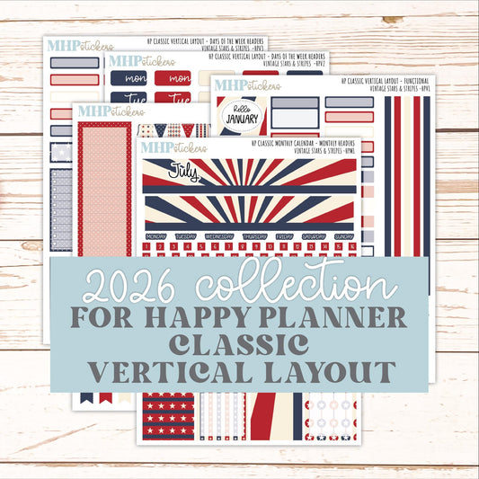 JULY Stickers for Happy Planner Classic Vertical Layout. 2026 Collection. "Vintage Stars & Stripes" || HPV