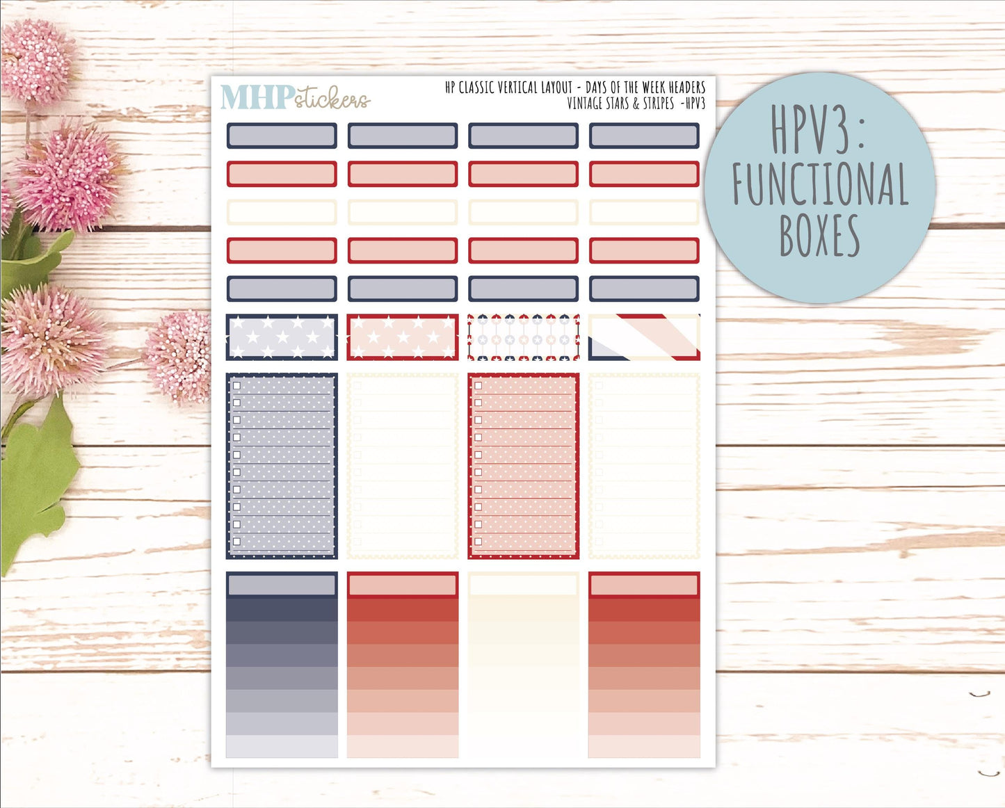JULY Stickers for Happy Planner Classic Vertical Layout. 2026 Collection. "Vintage Stars & Stripes" || HPV