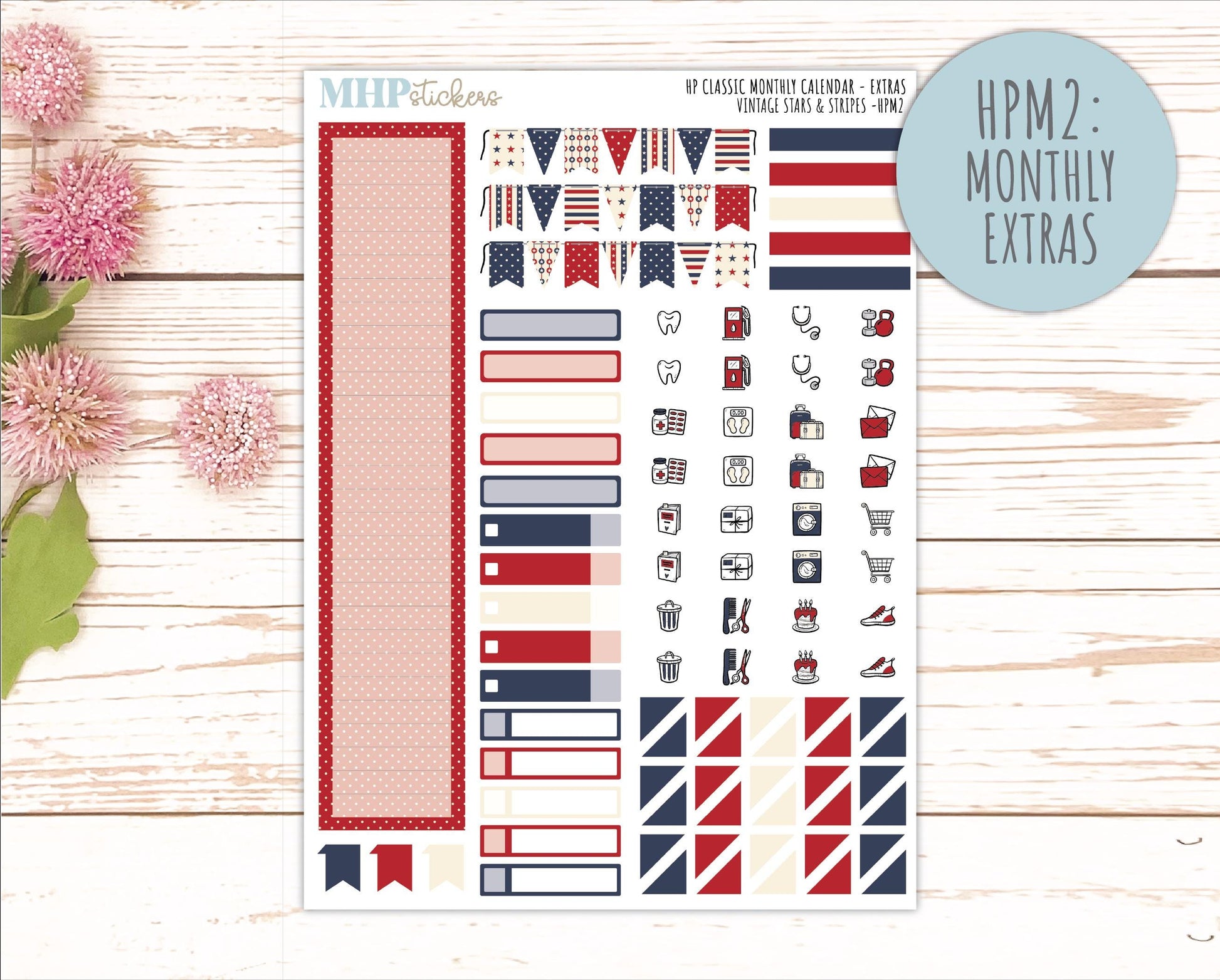 JULY Stickers for Happy Planner Classic Vertical Layout. 2026 Collection. "Vintage Stars & Stripes" || HPV