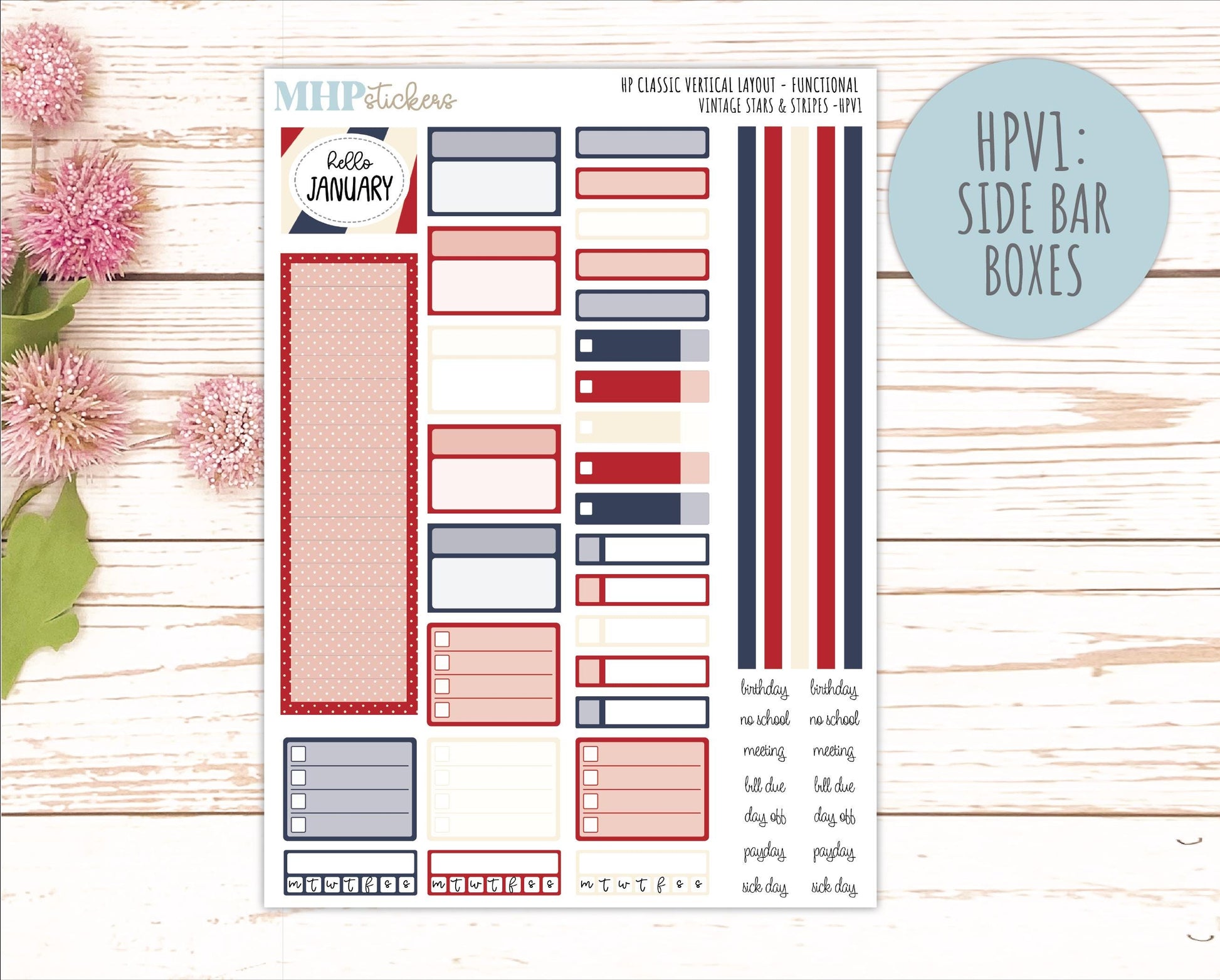 JULY Stickers for Happy Planner Classic Vertical Layout. 2026 Collection. "Vintage Stars & Stripes" || HPV