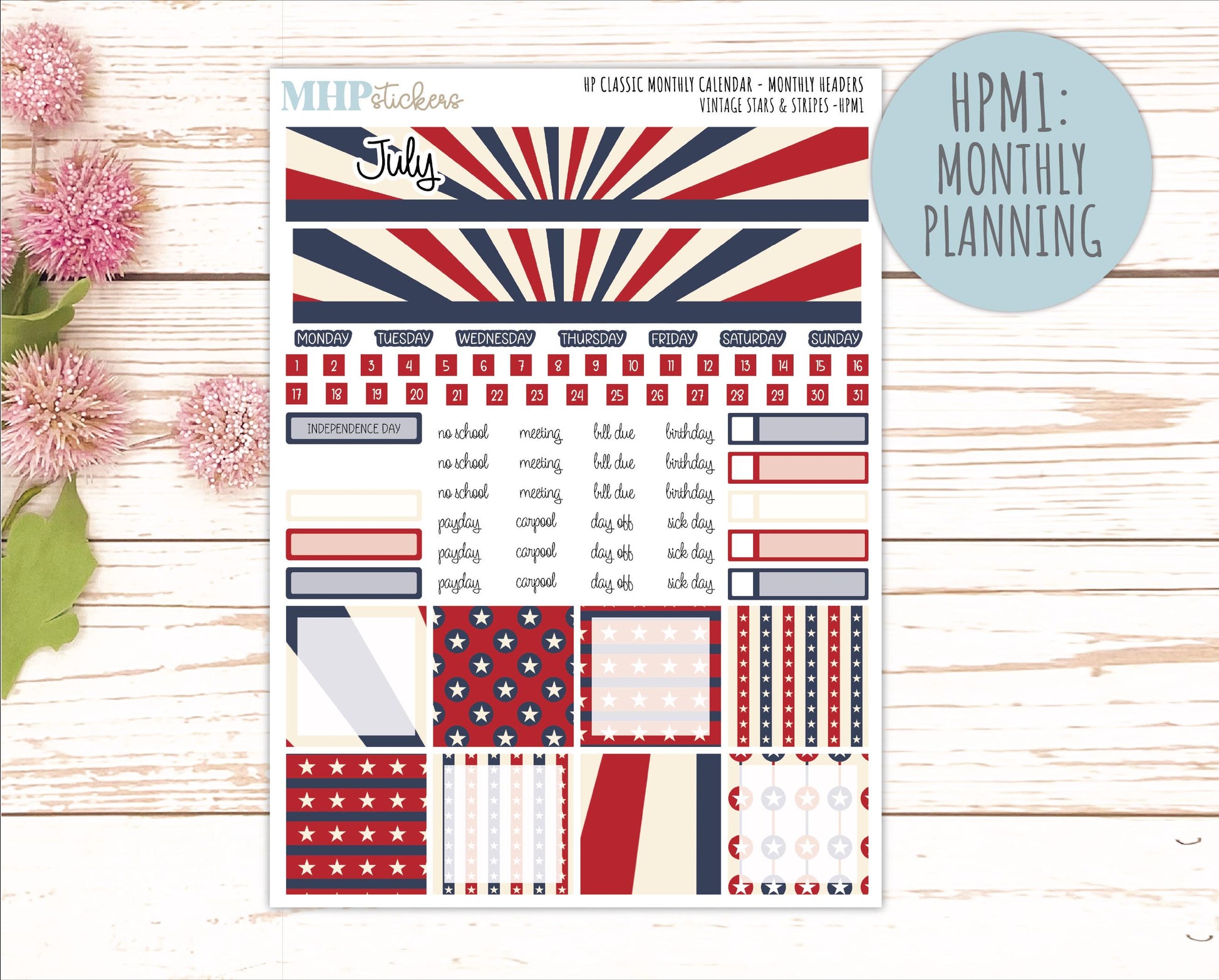 JULY Stickers for Happy Planner Classic Vertical Layout. 2026 Collection. "Vintage Stars & Stripes" || HPV