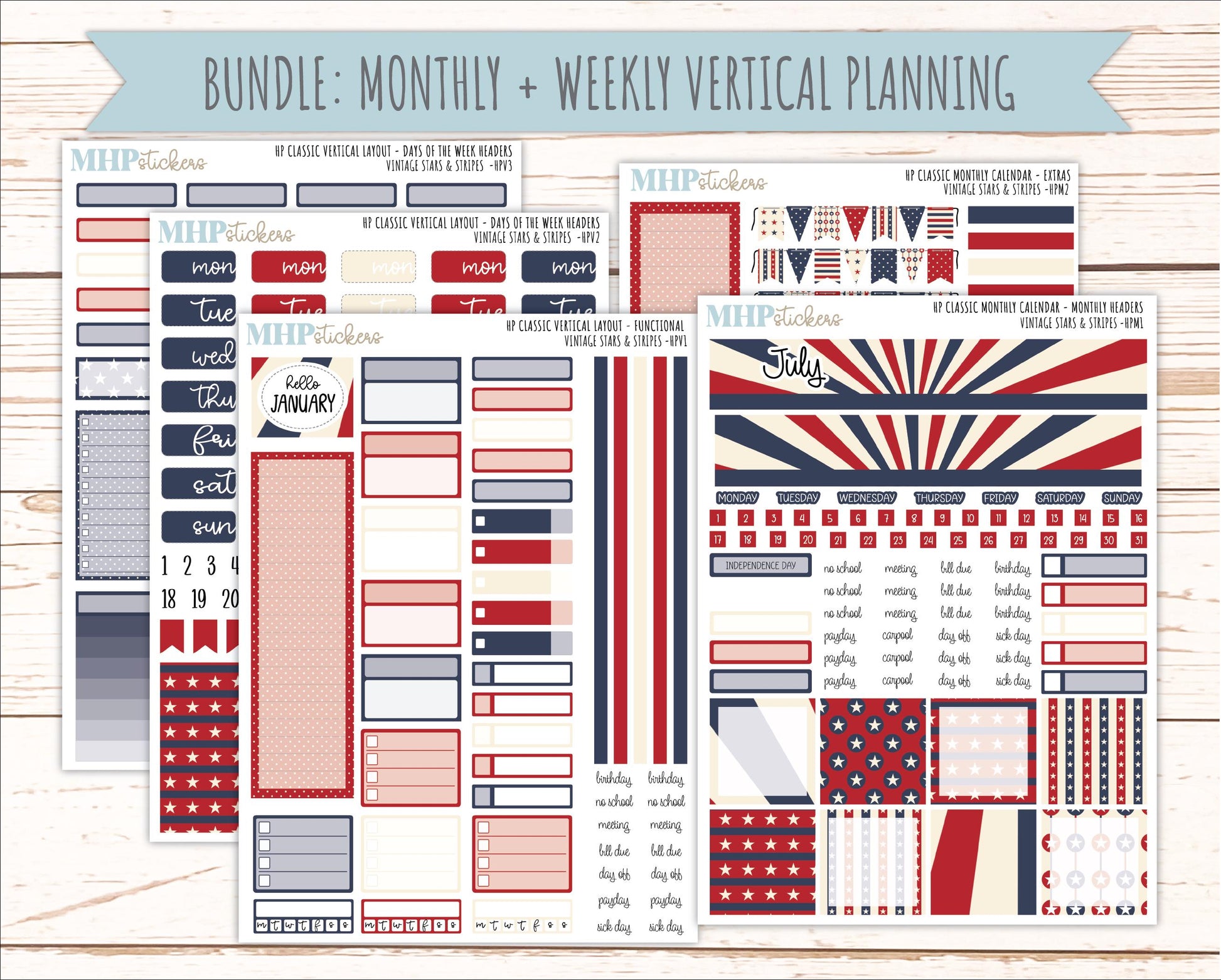 JULY Stickers for Happy Planner Classic Vertical Layout. 2026 Collection. "Vintage Stars & Stripes" || HPV