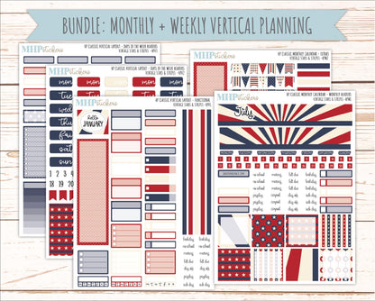 JULY Stickers for Happy Planner Classic Vertical Layout. 2026 Collection. "Vintage Stars & Stripes" || HPV