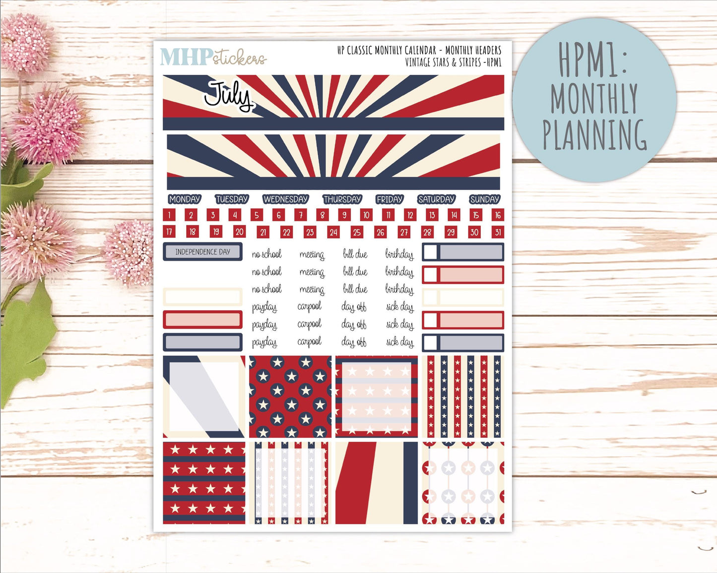 JULY Stickers for Happy Planner Classic Horizontal Layout. 2026 Collection. "Vintage Stars & Stripes" || HPH