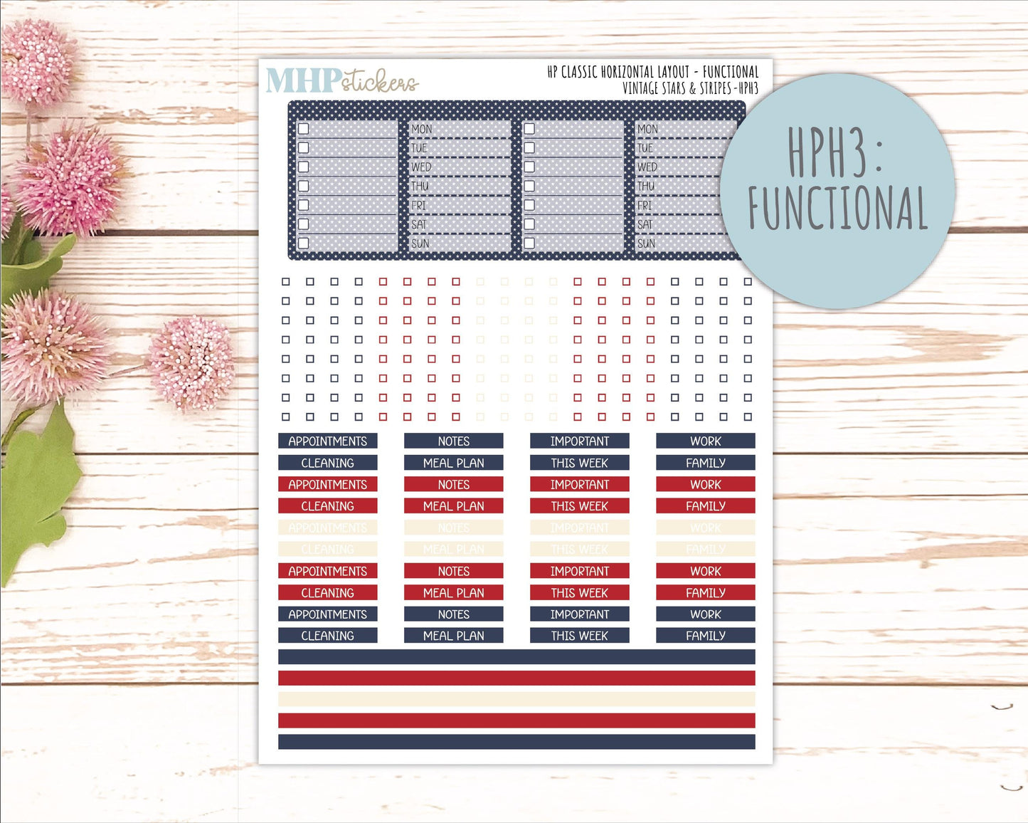 JULY Stickers for Happy Planner Classic Horizontal Layout. 2026 Collection. "Vintage Stars & Stripes" || HPH