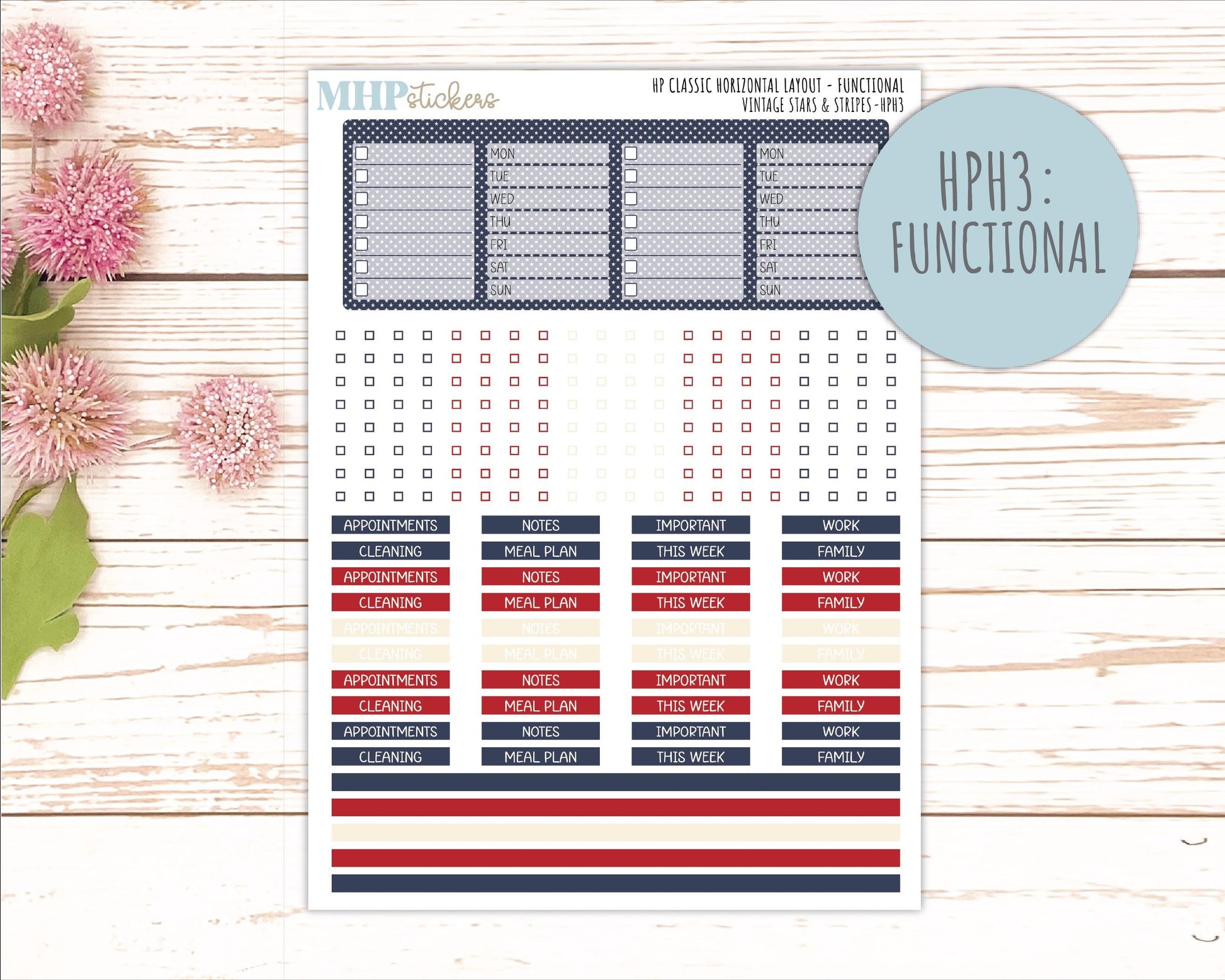 JULY Stickers for Happy Planner Classic Horizontal Layout. 2026 Collection. "Vintage Stars & Stripes" || HPH